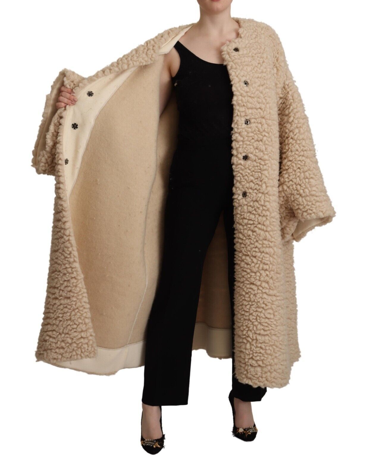 Dolce & Gabbana Beige Cashmere Wool Faux Fur Coat Jacket LUNESCAPE