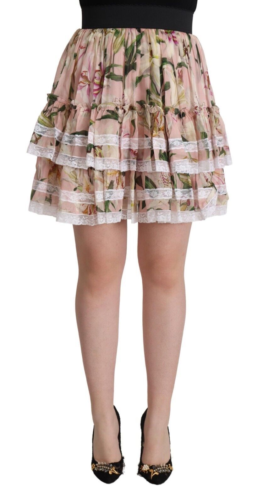 Dolce & Gabbana Pink Lily Print Silk Mini Tiered A-line Skirt LUNESCAPE