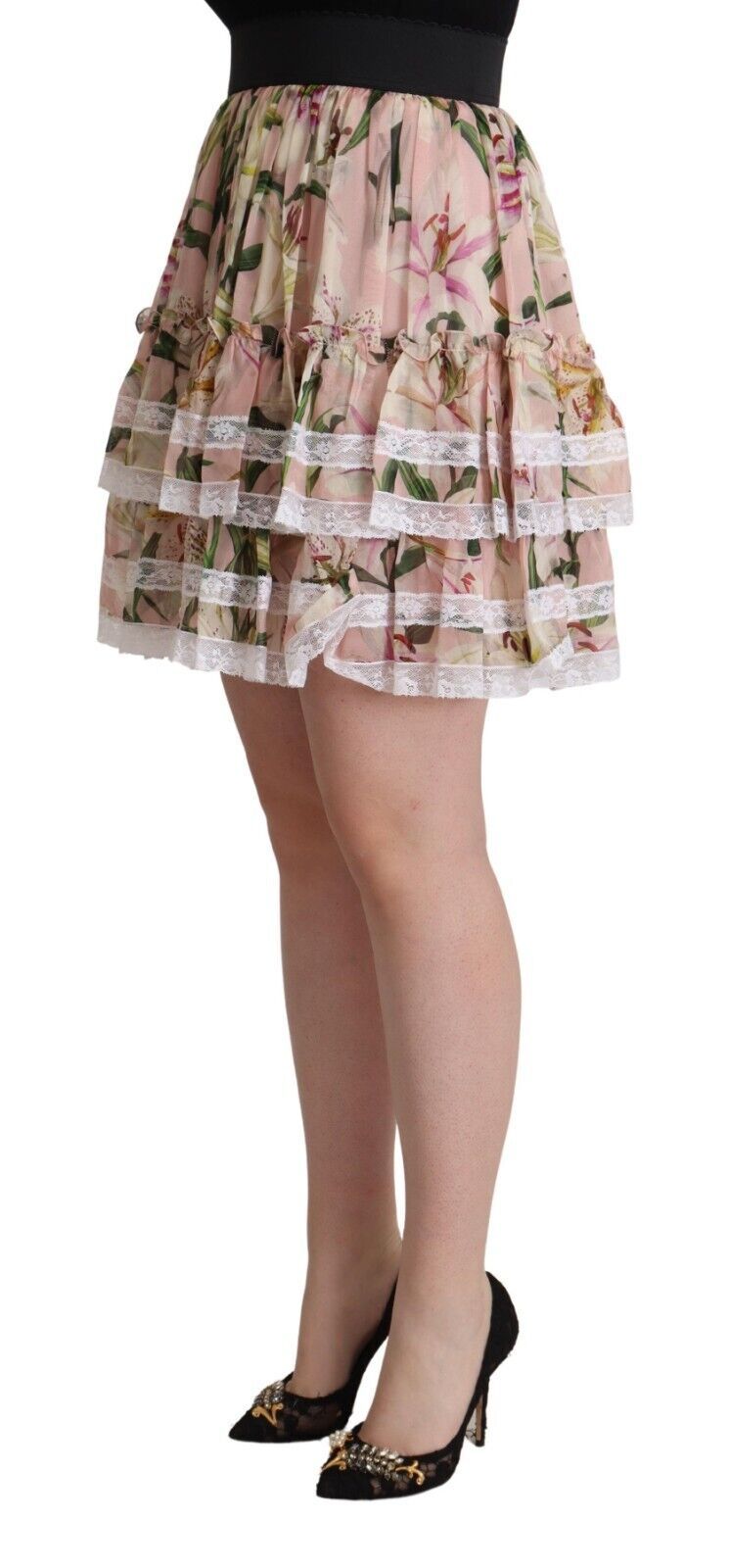 Dolce & Gabbana Pink Lily Print Silk Mini Tiered A-line Skirt LUNESCAPE