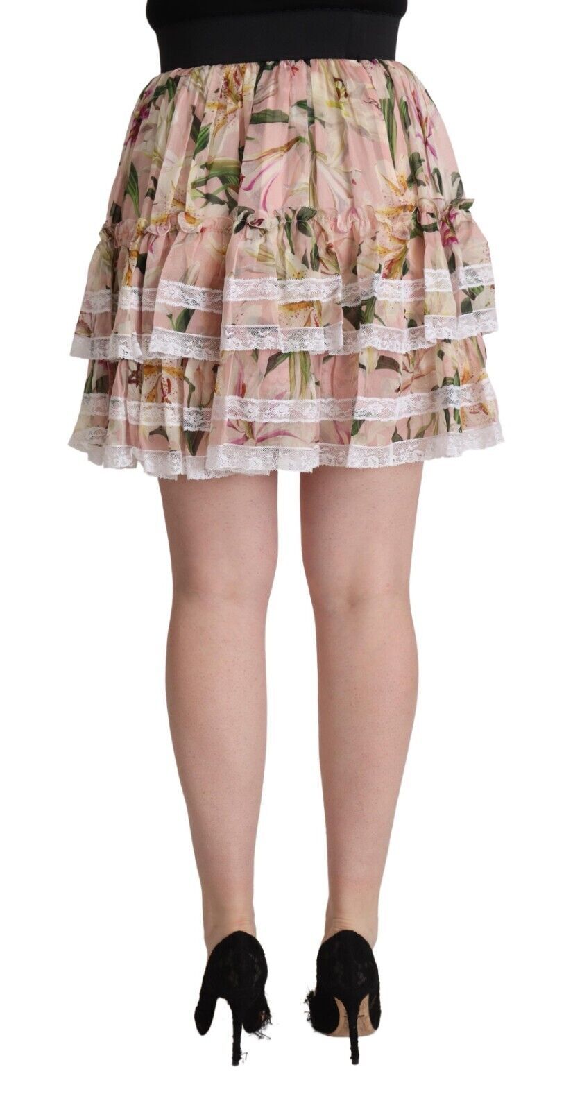 Dolce & Gabbana Pink Lily Print Silk Mini Tiered A-line Skirt LUNESCAPE