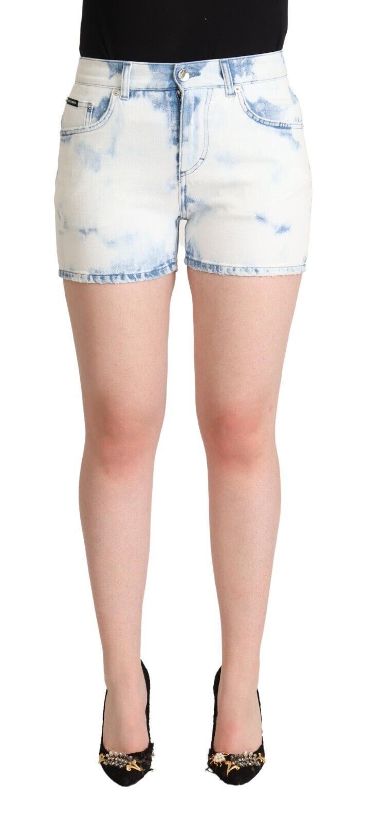 Dolce & Gabbana White Blue Dye Cotton Mid Waist Denim Shorts LUNESCAPE