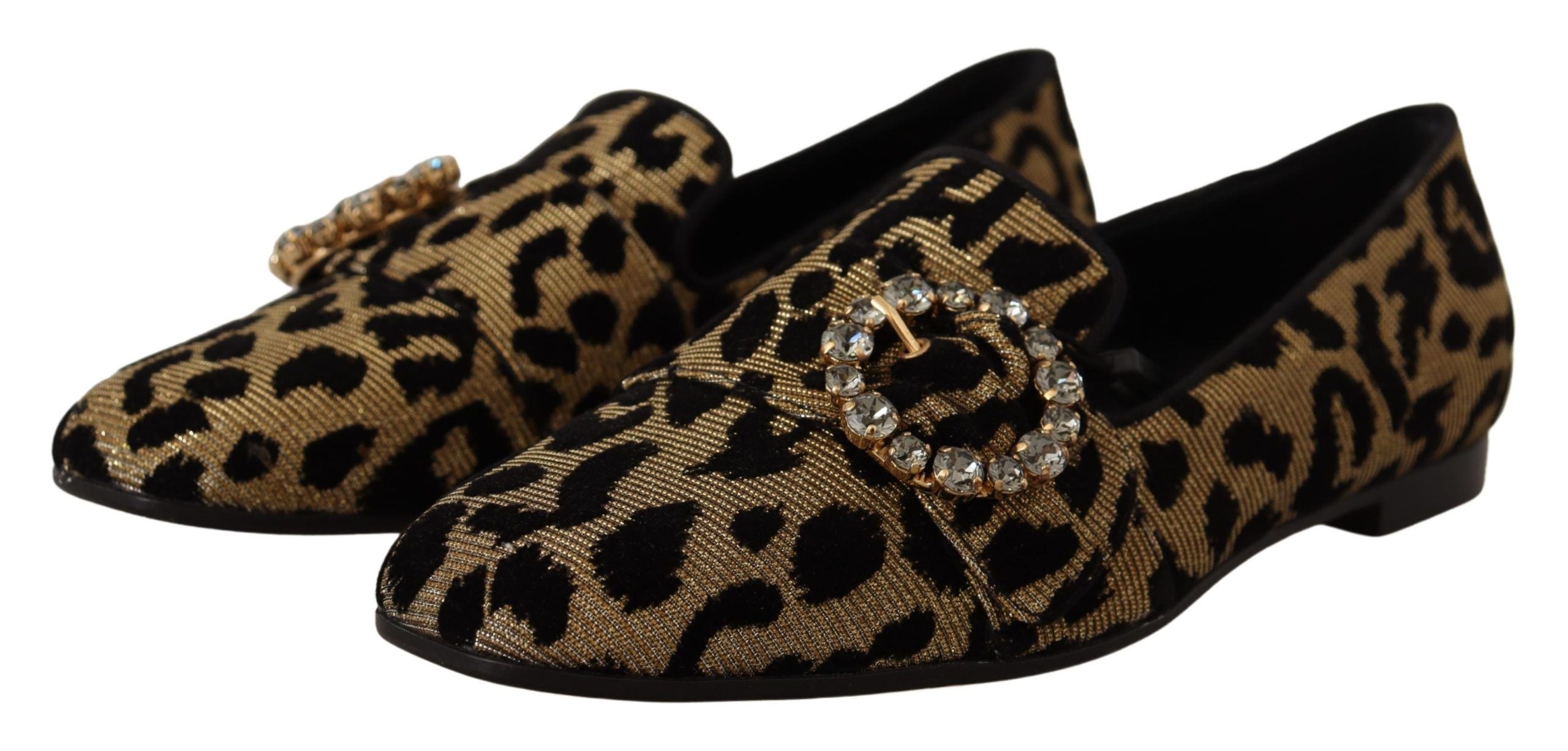 Dolce & Gabbana Gold Leopard Print Crystals Loafers Shoes LUNESCAPE