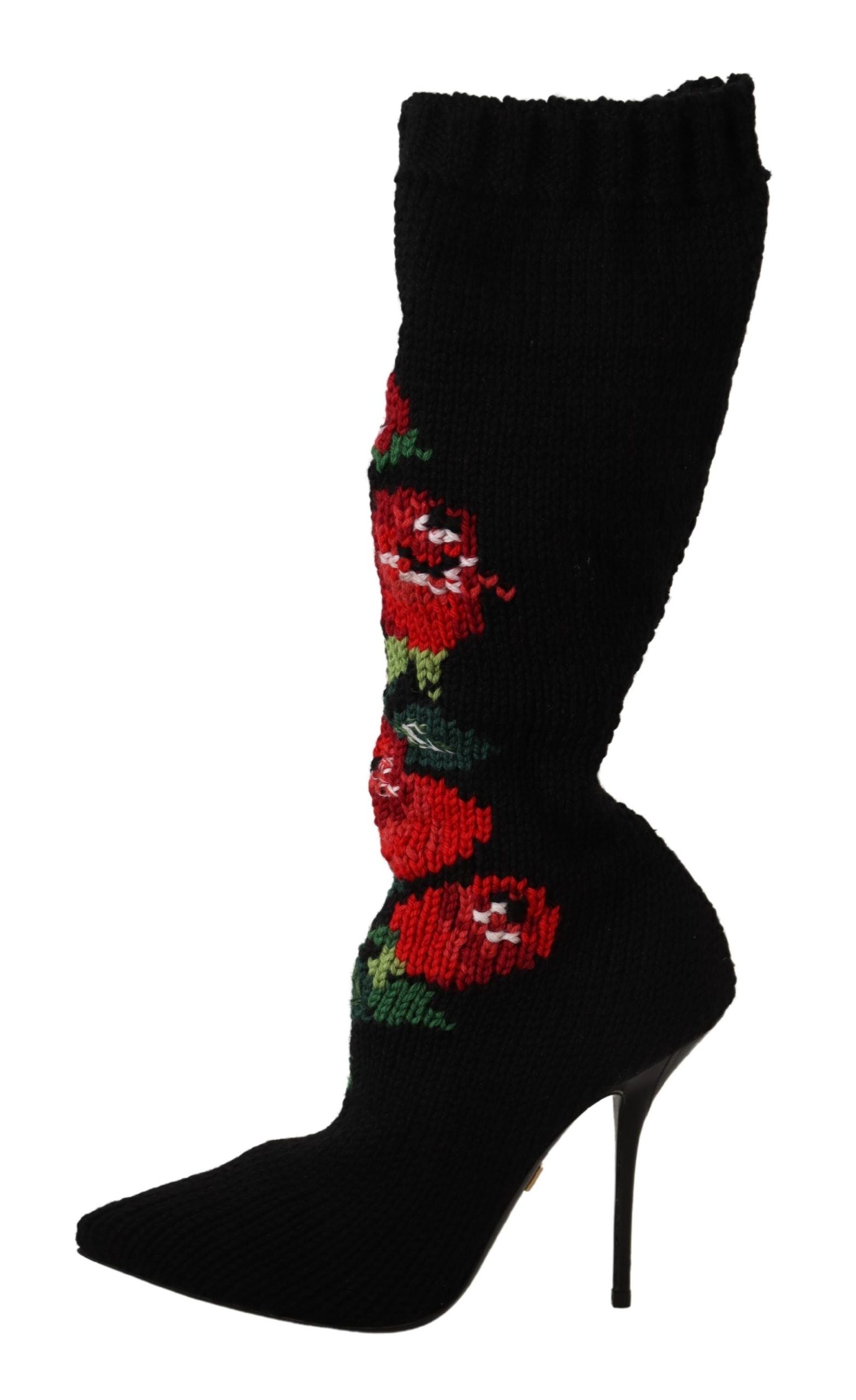 Dolce & Gabbana Black Stretch Socks Red Roses Booties Shoes LUNESCAPE