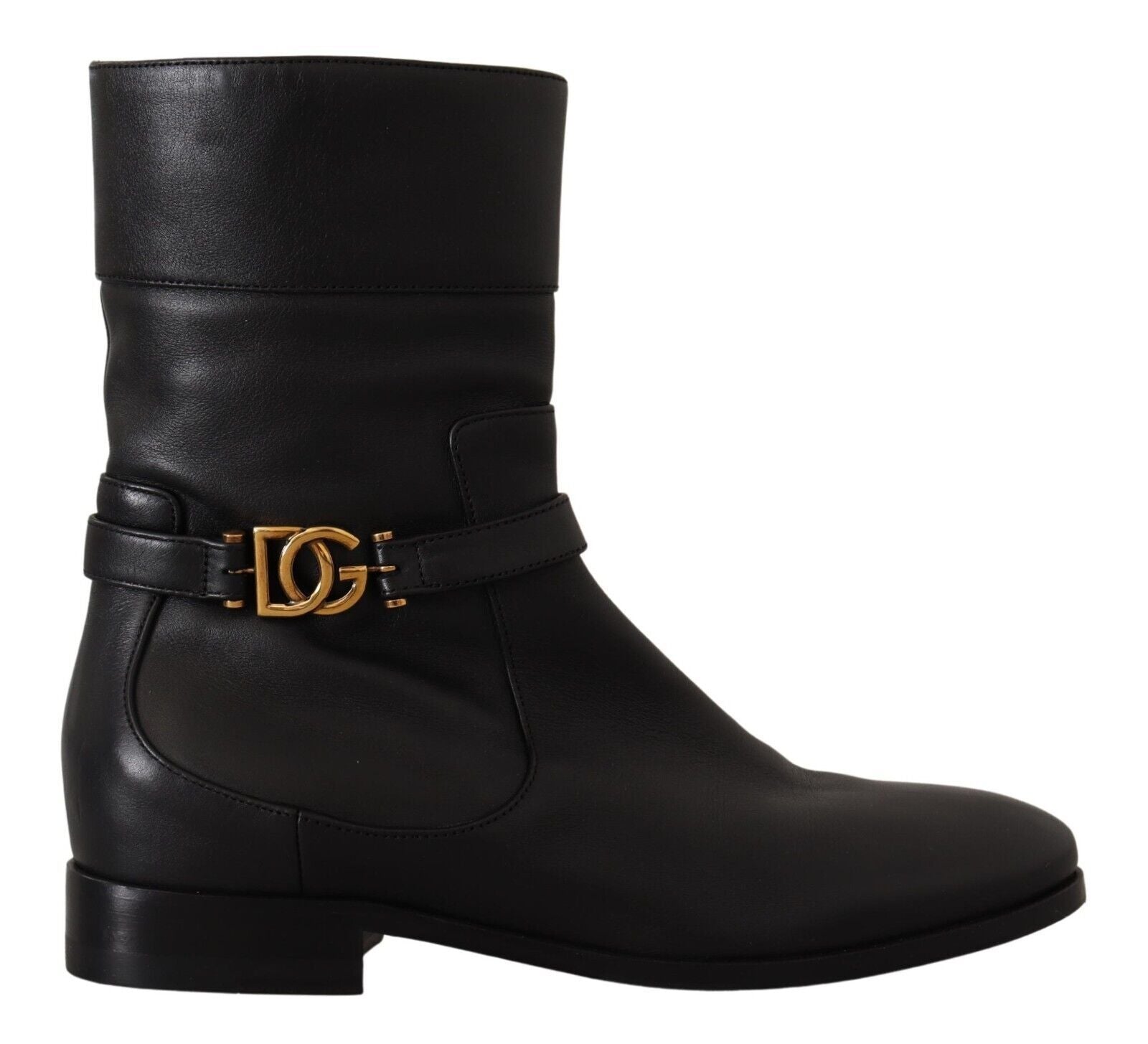 Dolce & Gabbana Black Leather Flats Logo Short Boots Shoes LUNESCAPE