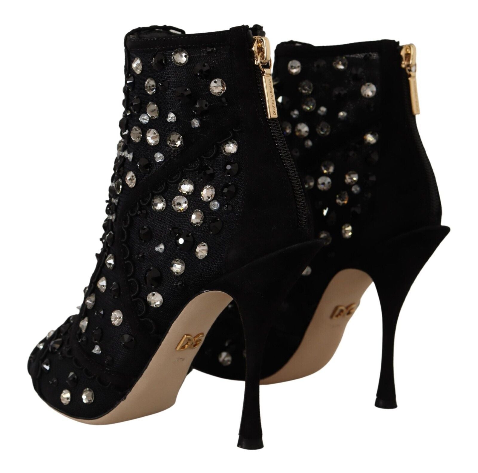Dolce & Gabbana Black Crystals Heels Zipper Short Boots Shoes LUNESCAPE
