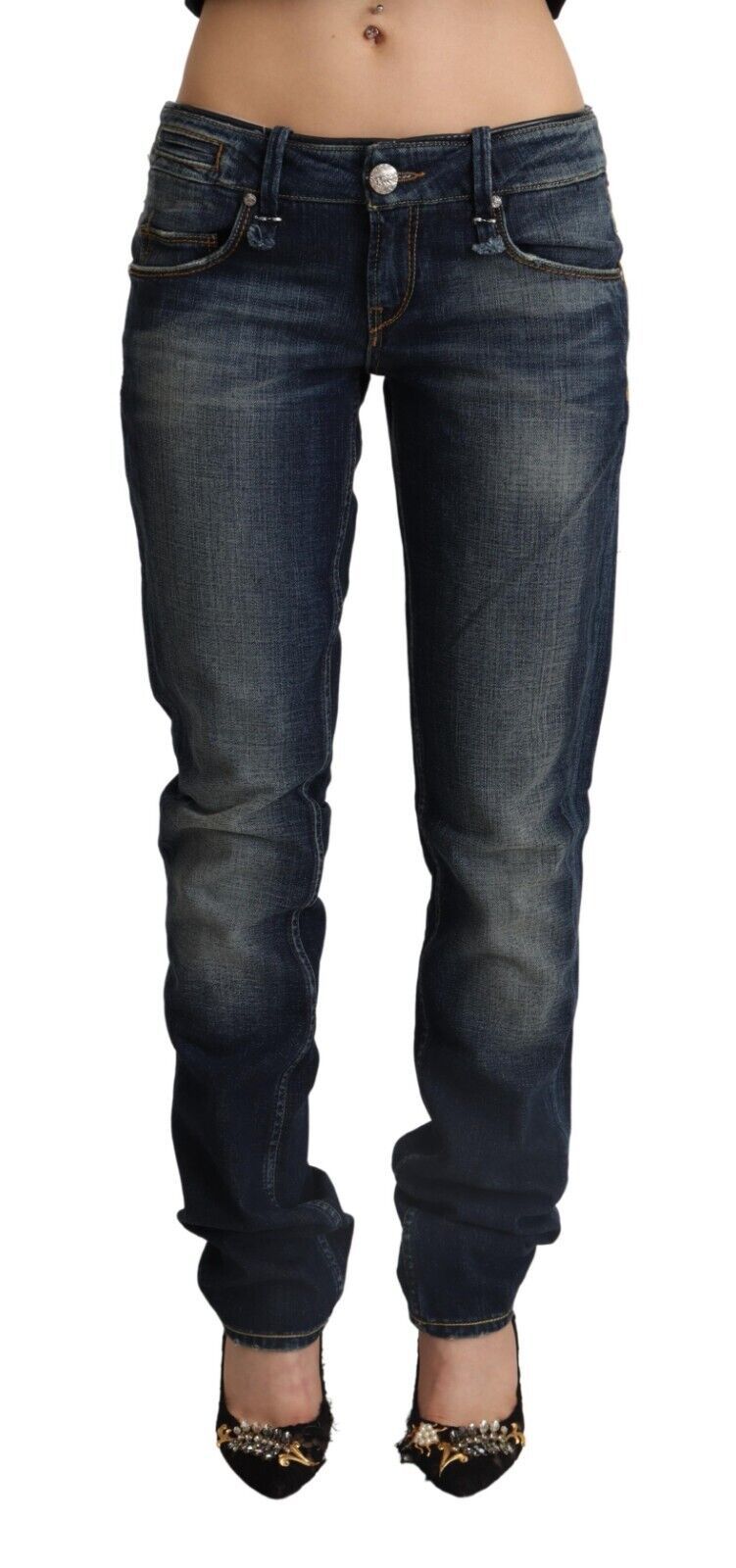 Acht Dark Blue Washed Cotton Skinny Denim Low Waist Jeans LUNESCAPE