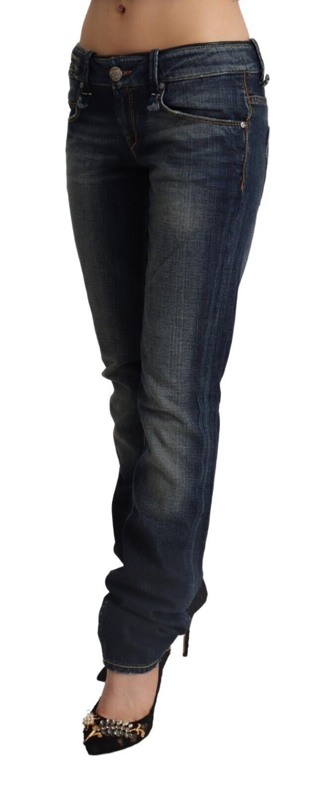 Acht Dark Blue Washed Cotton Skinny Denim Low Waist Jeans LUNESCAPE