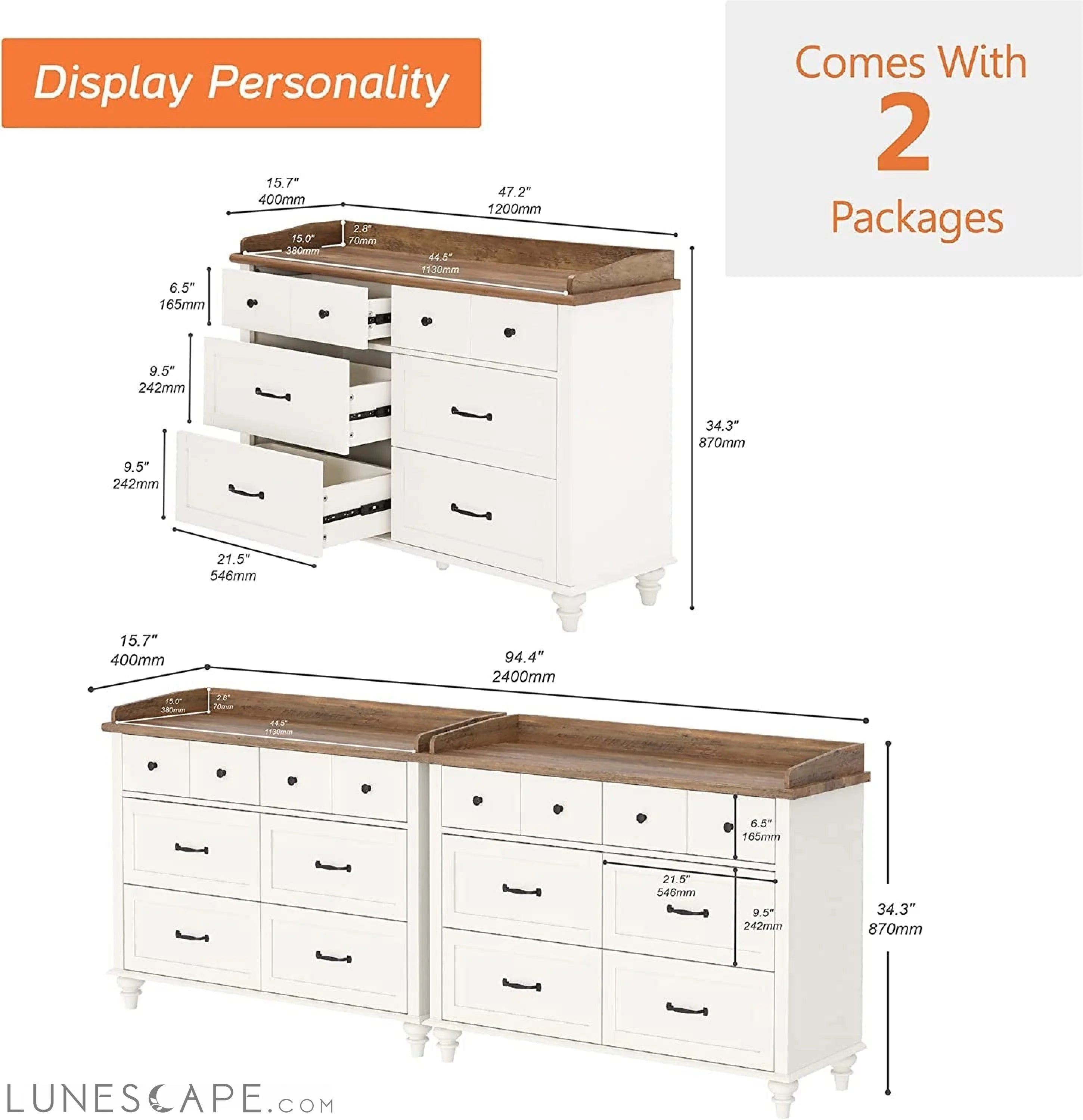2-In-1 Mid-Century Modern White Dresser TV Stand LUNESCAPE