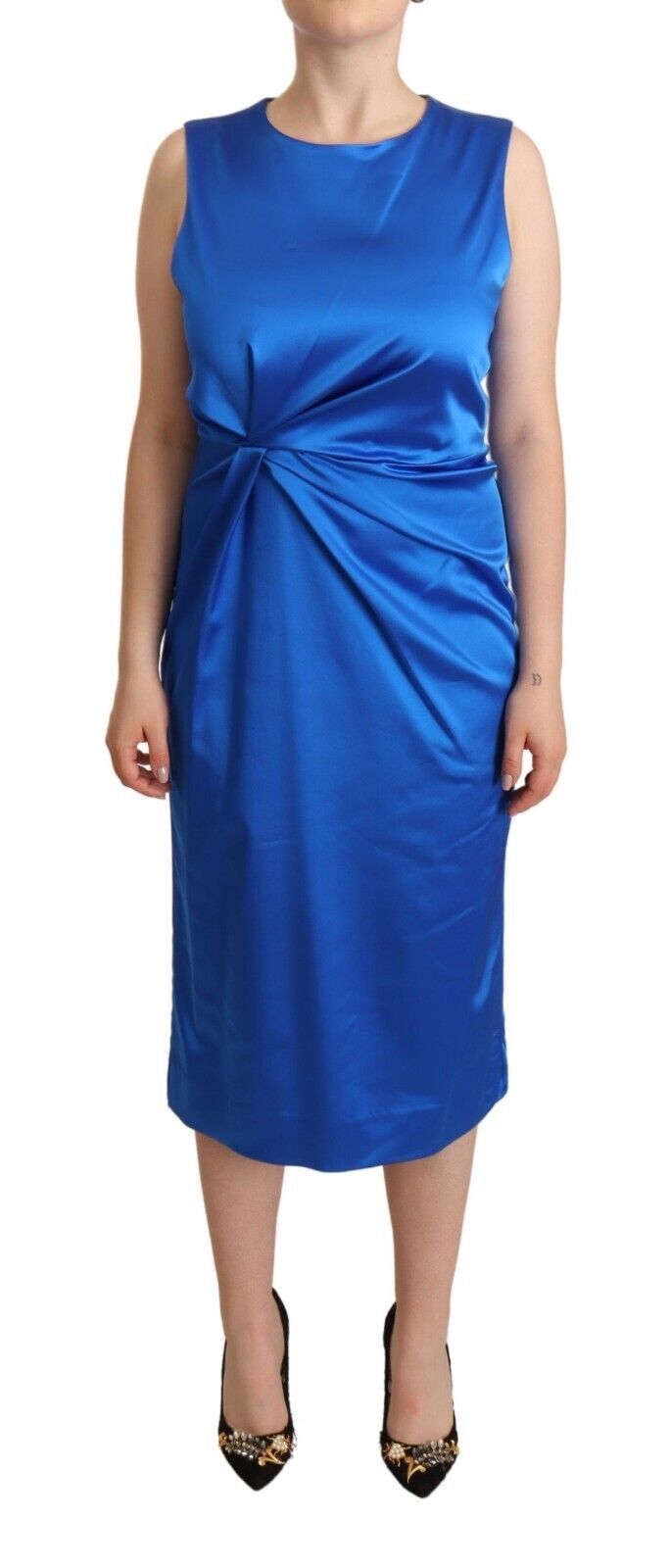 P.A.R.O.S.H. Blue Sleeveless Pleated Midi Sheath Dress LUNESCAPE