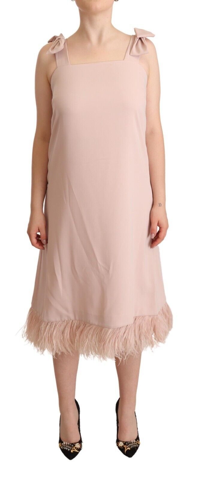 P.A.R.O.S.H. Pink Sleeveless Midi Feather Shift Dress LUNESCAPE