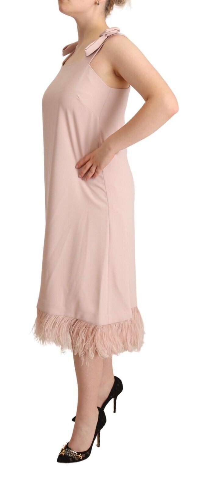 P.A.R.O.S.H. Pink Sleeveless Midi Feather Shift Dress LUNESCAPE