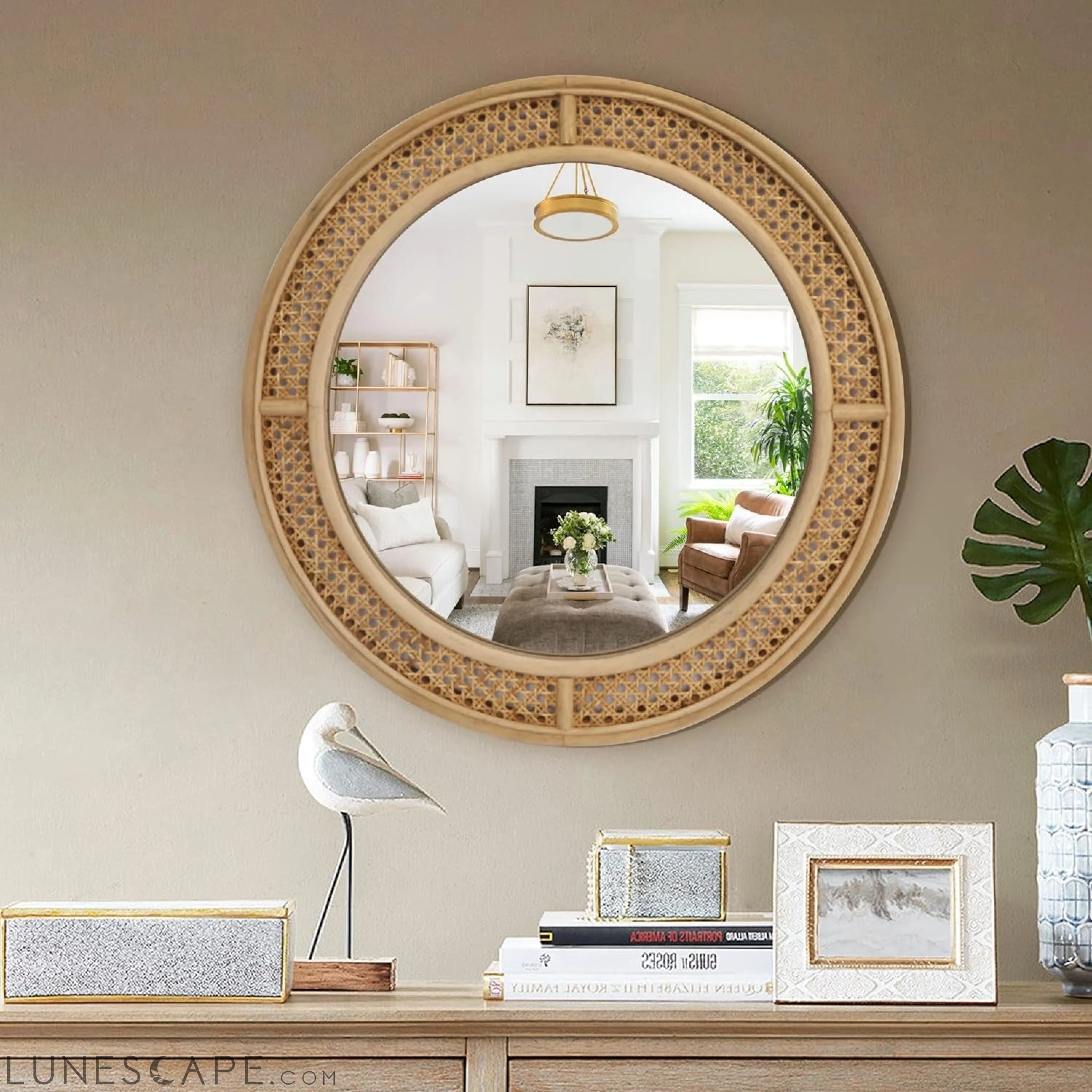24-Inch Round Rattan Wall Mirror with Wooden Frame - Modern Boho Decor LUNESCAPE