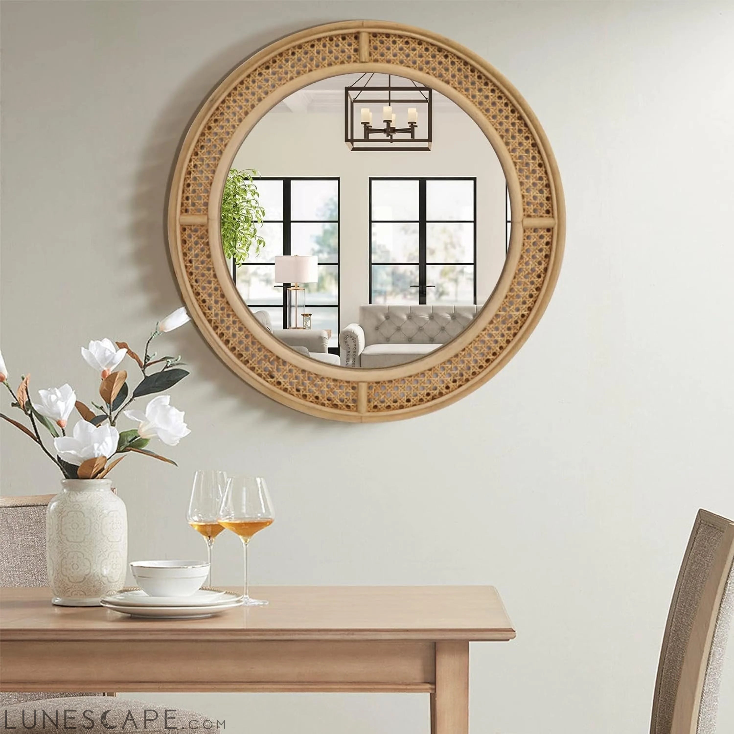 24-Inch Round Rattan Wall Mirror with Wooden Frame - Modern Boho Decor LUNESCAPE