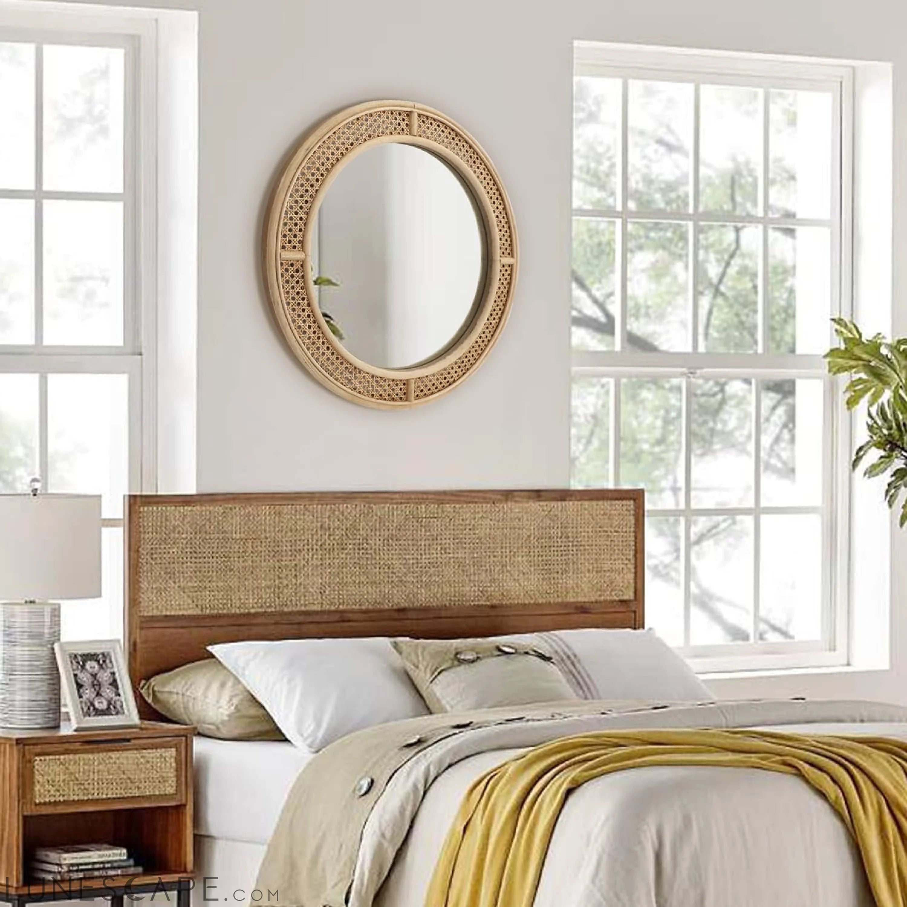 24-Inch Round Rattan Wall Mirror with Wooden Frame - Modern Boho Decor LUNESCAPE