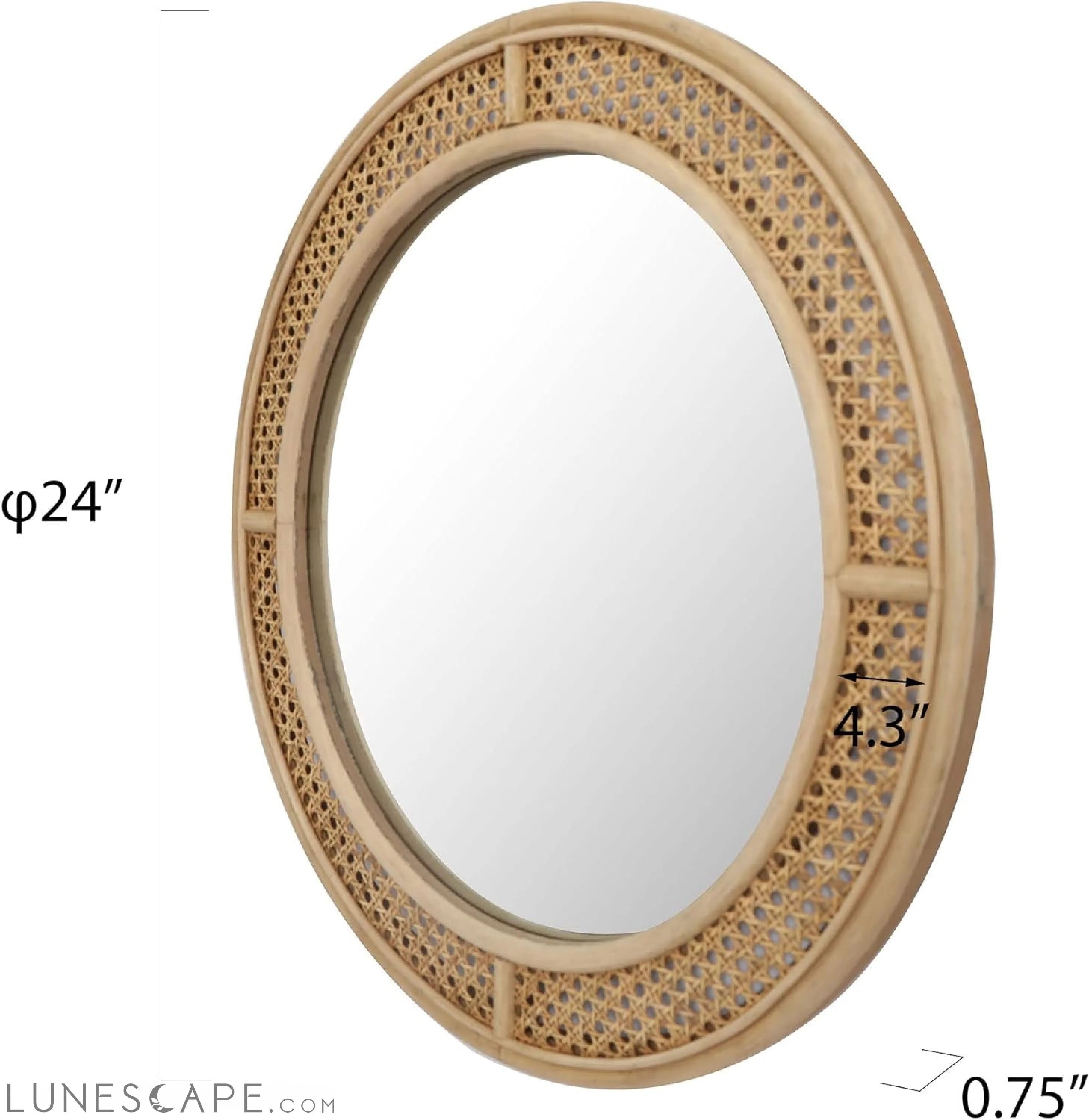 24-Inch Round Rattan Wall Mirror with Wooden Frame - Modern Boho Decor LUNESCAPE