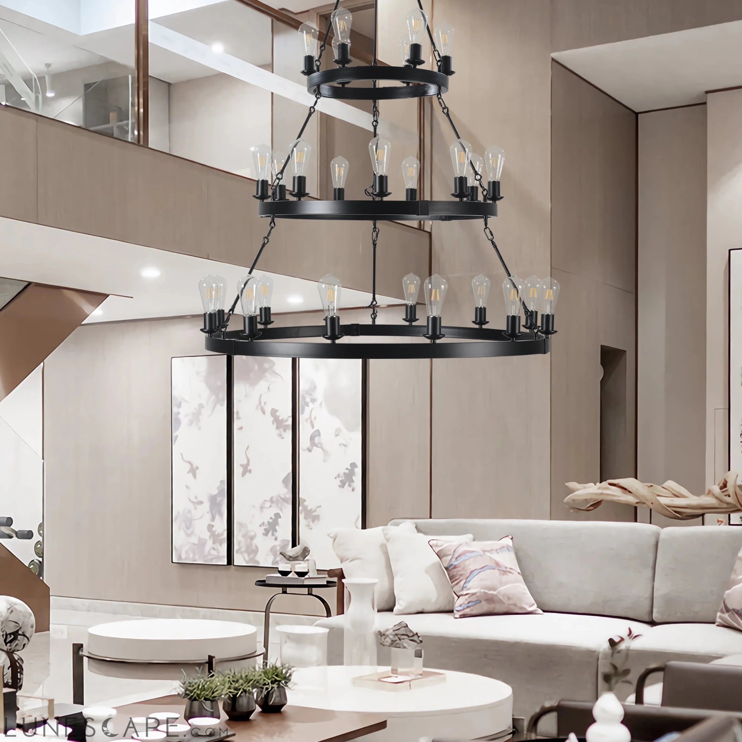 27 Light Metal Ring Chandelier Black LUNESCAPE