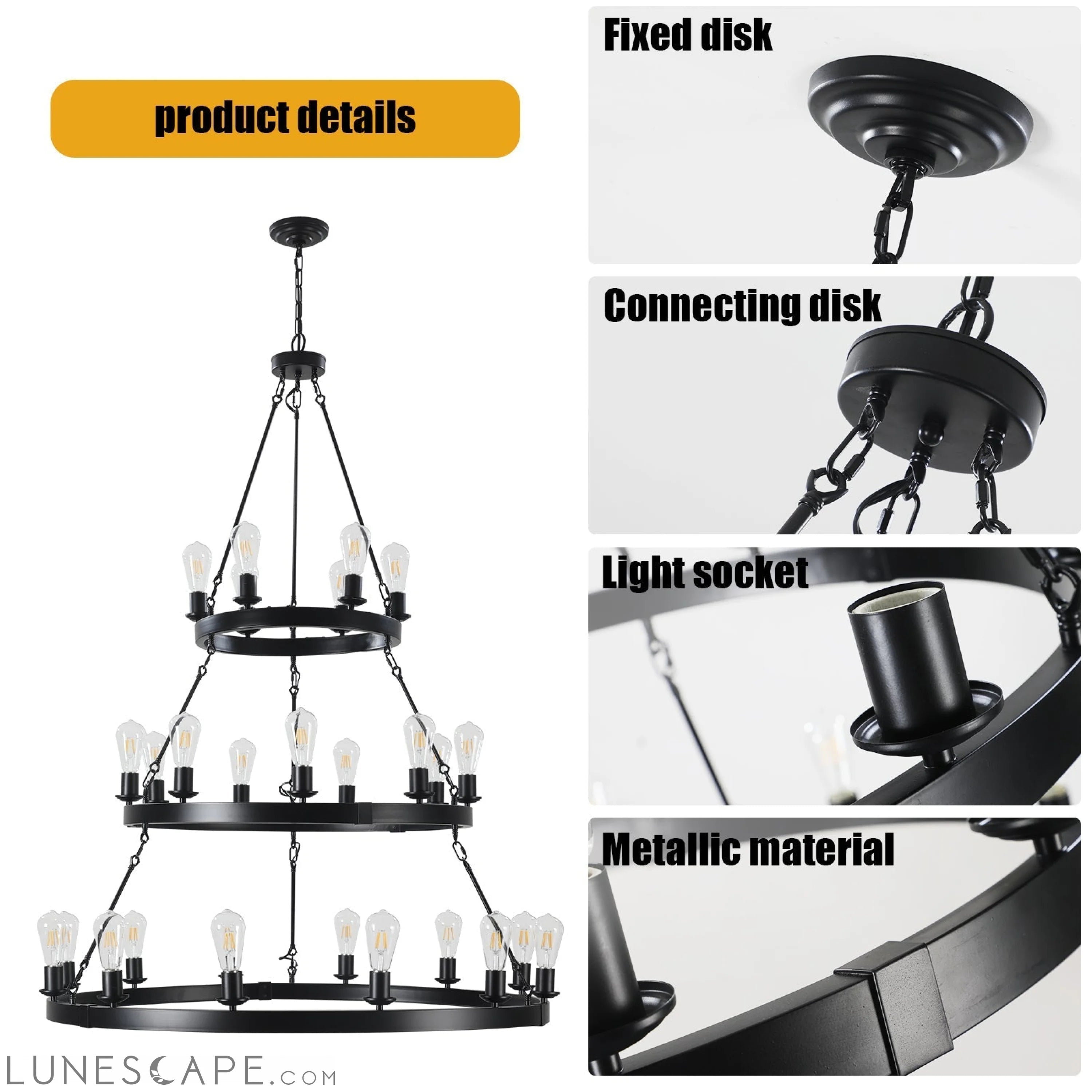 27 Light Metal Ring Chandelier Black LUNESCAPE