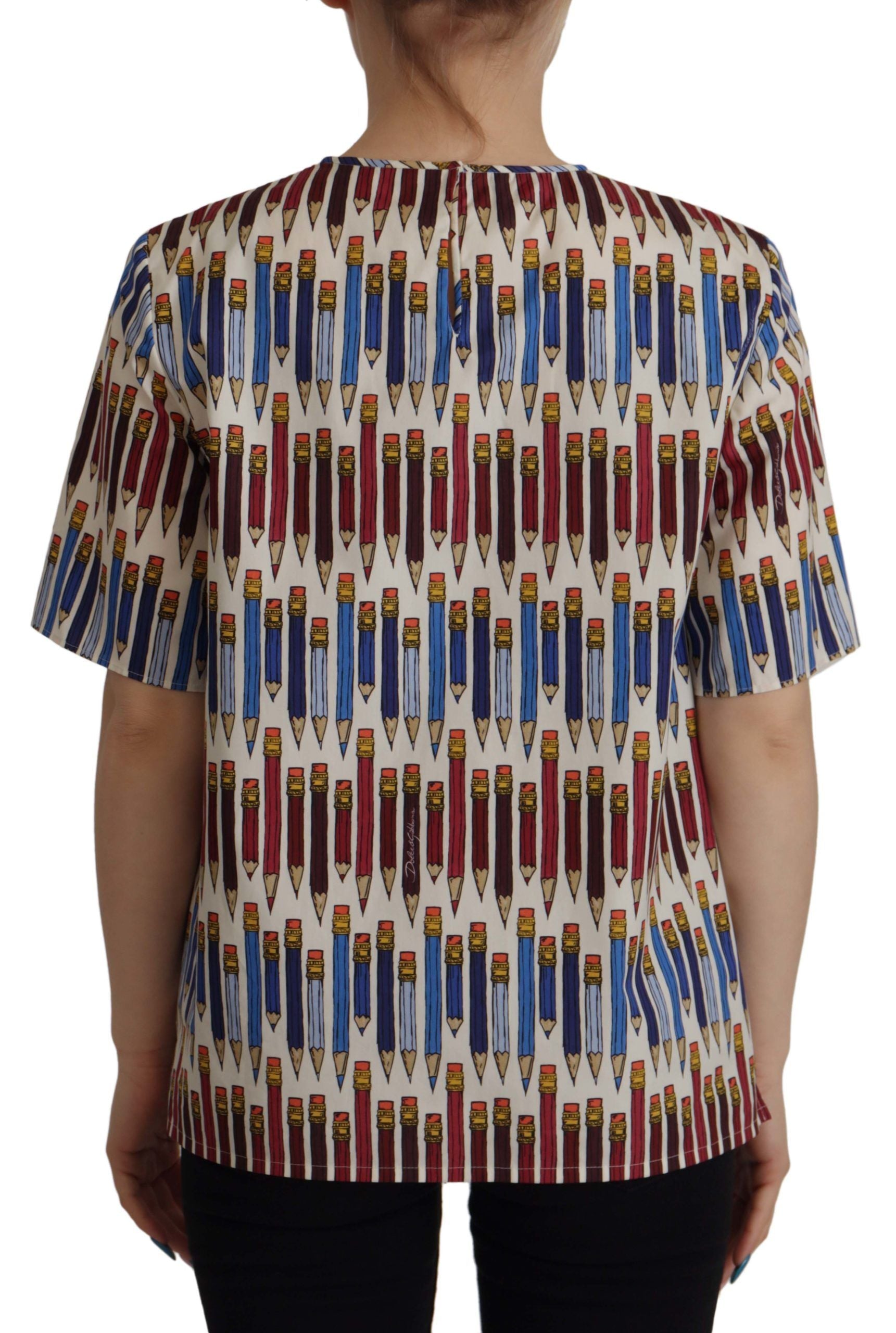 Dolce & Gabbana Chic White Pencil Print Short Sleeve Blouse LUNESCAPE