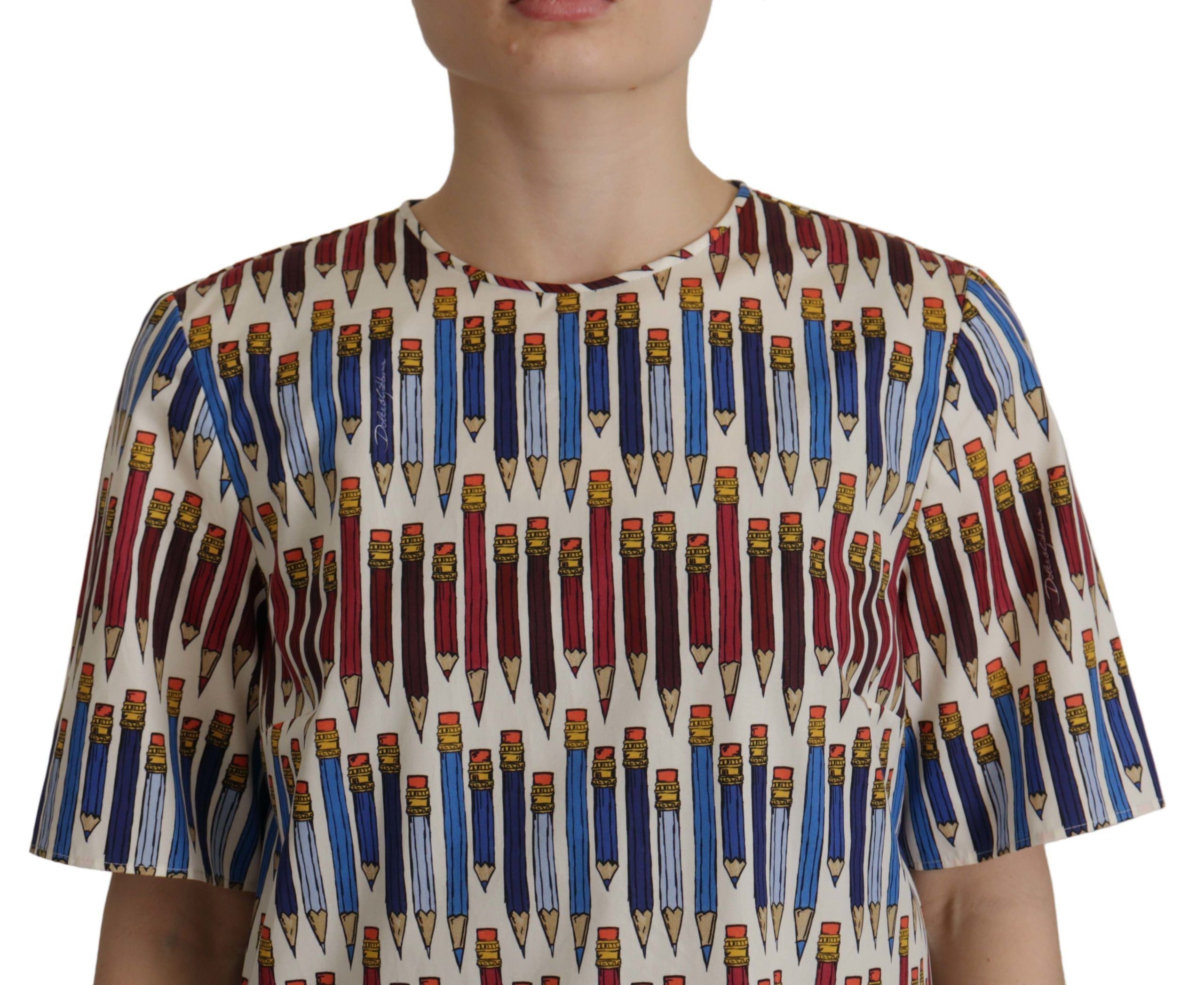 Dolce & Gabbana Chic White Pencil Print Short Sleeve Blouse LUNESCAPE