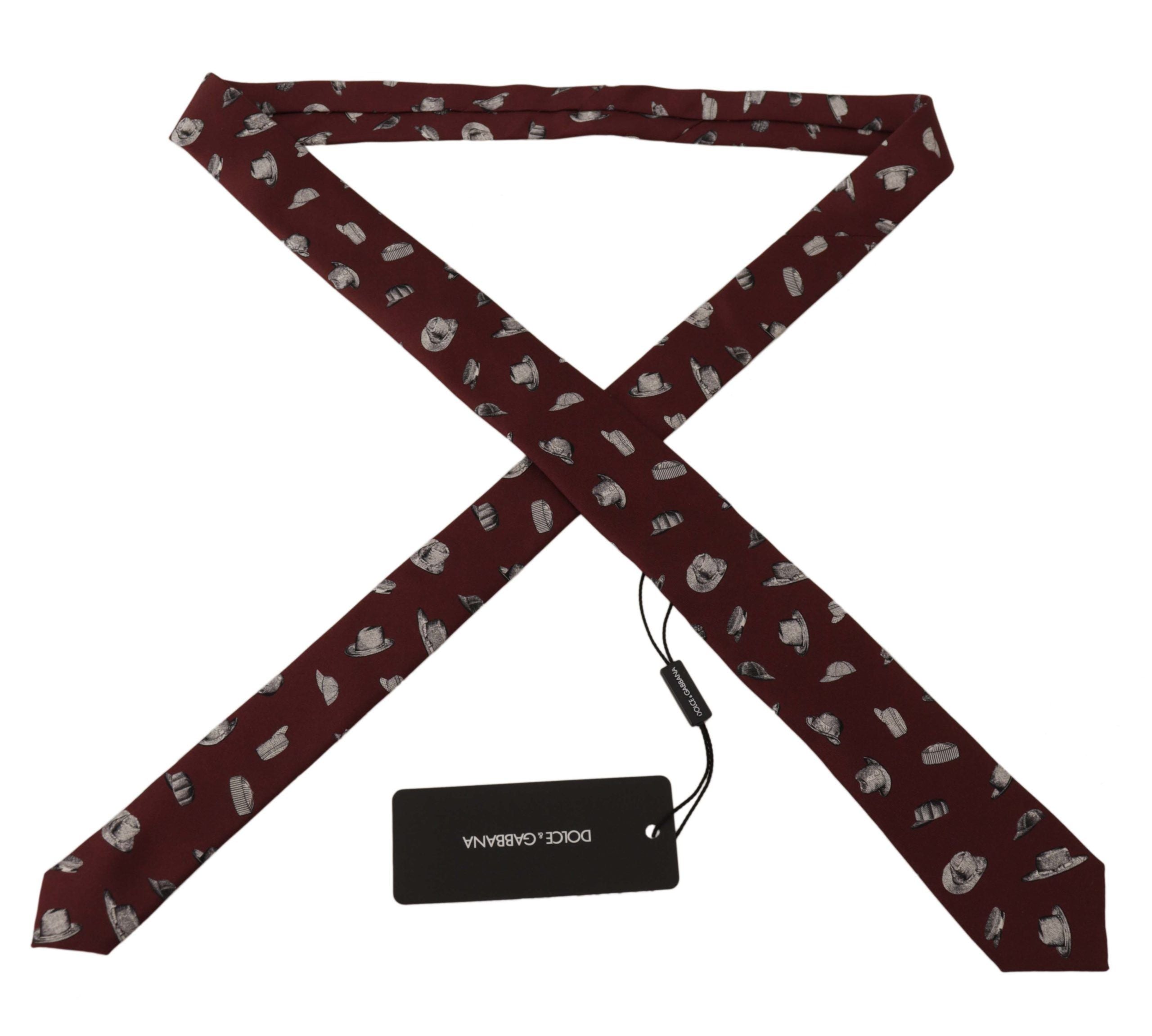 Dolce & Gabbana Maroon Hat Pattern 100% Silk Tie