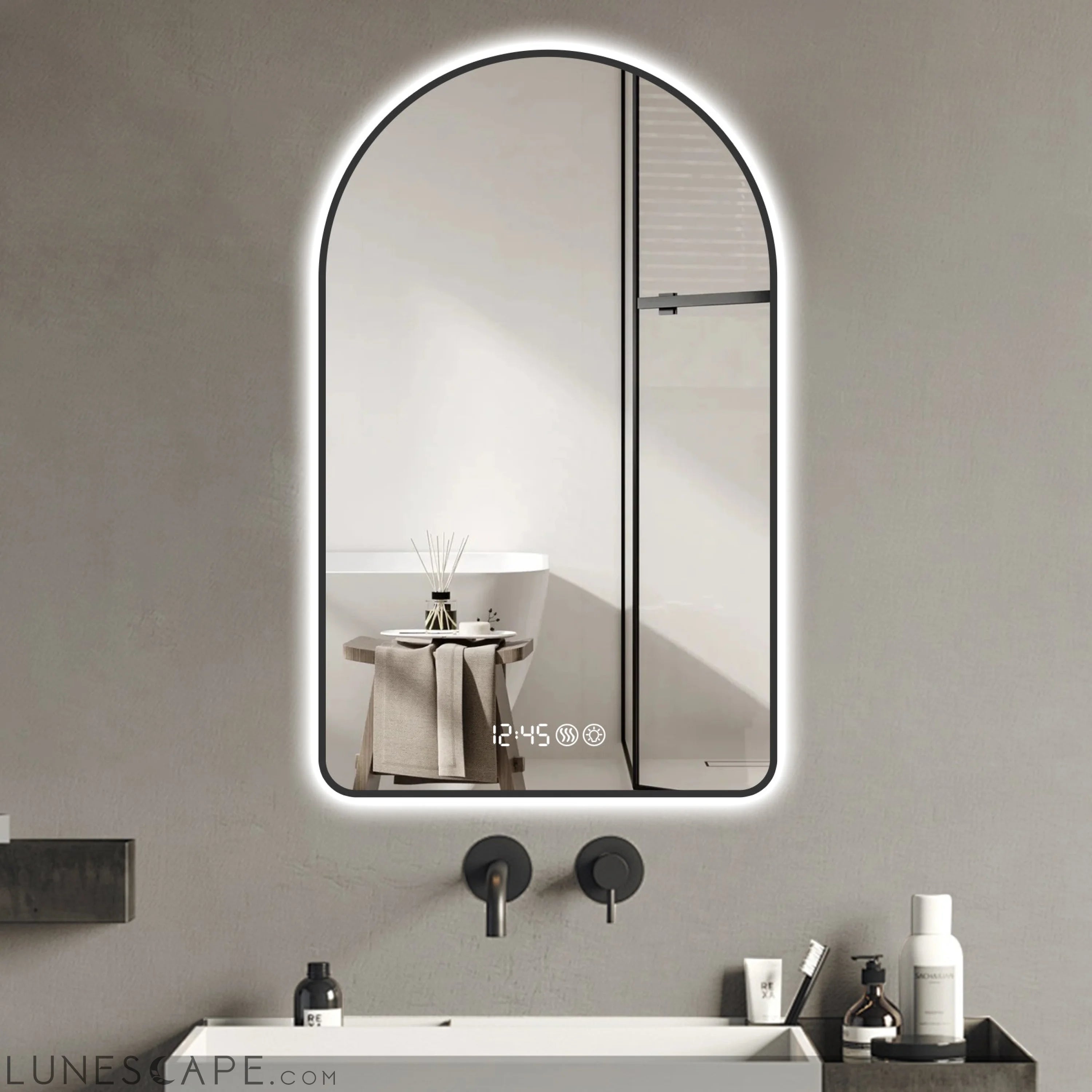 28"x48"Arched LED Mirror for Bathroom,Time and temperature display, LUNESCAPE
