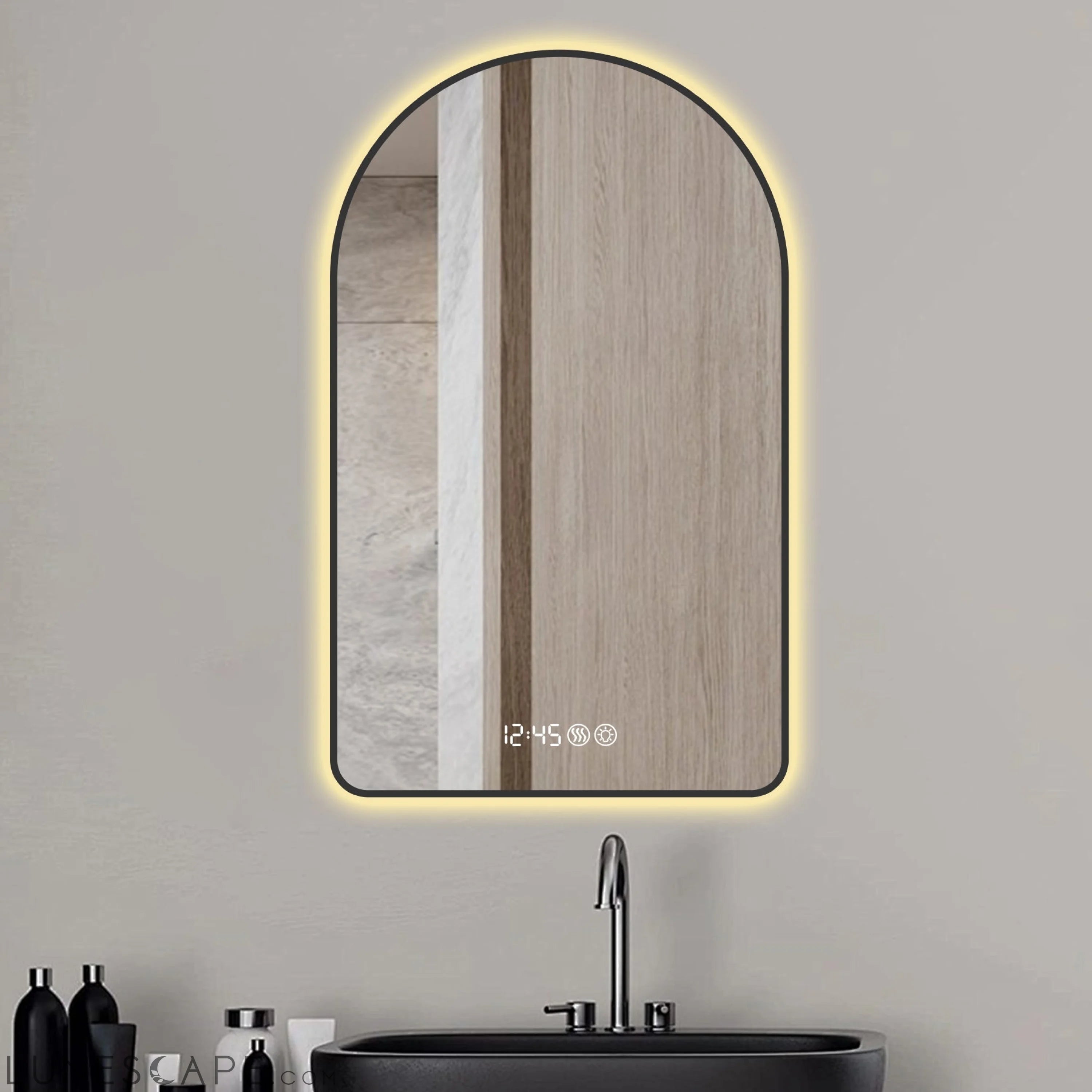 28"x48"Arched LED Mirror for Bathroom,Time and temperature display, LUNESCAPE