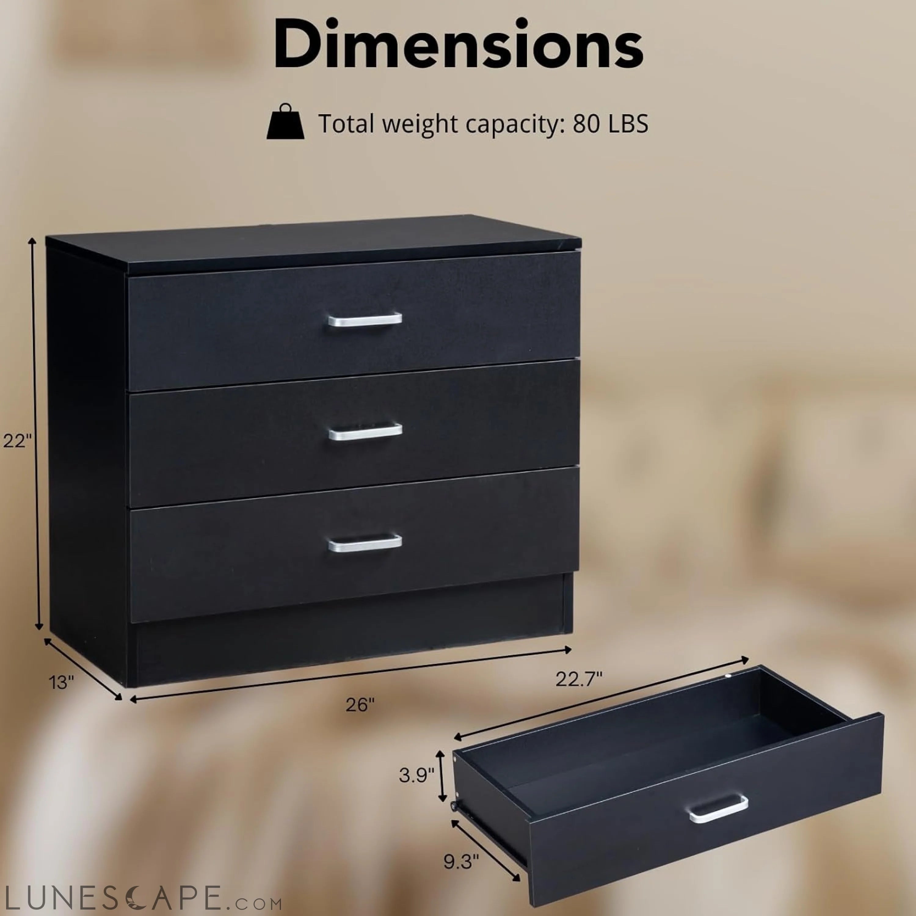 3 Drawer Dresser, Modern Storage Chest of Drawers, Wood Bedside Table LUNESCAPE