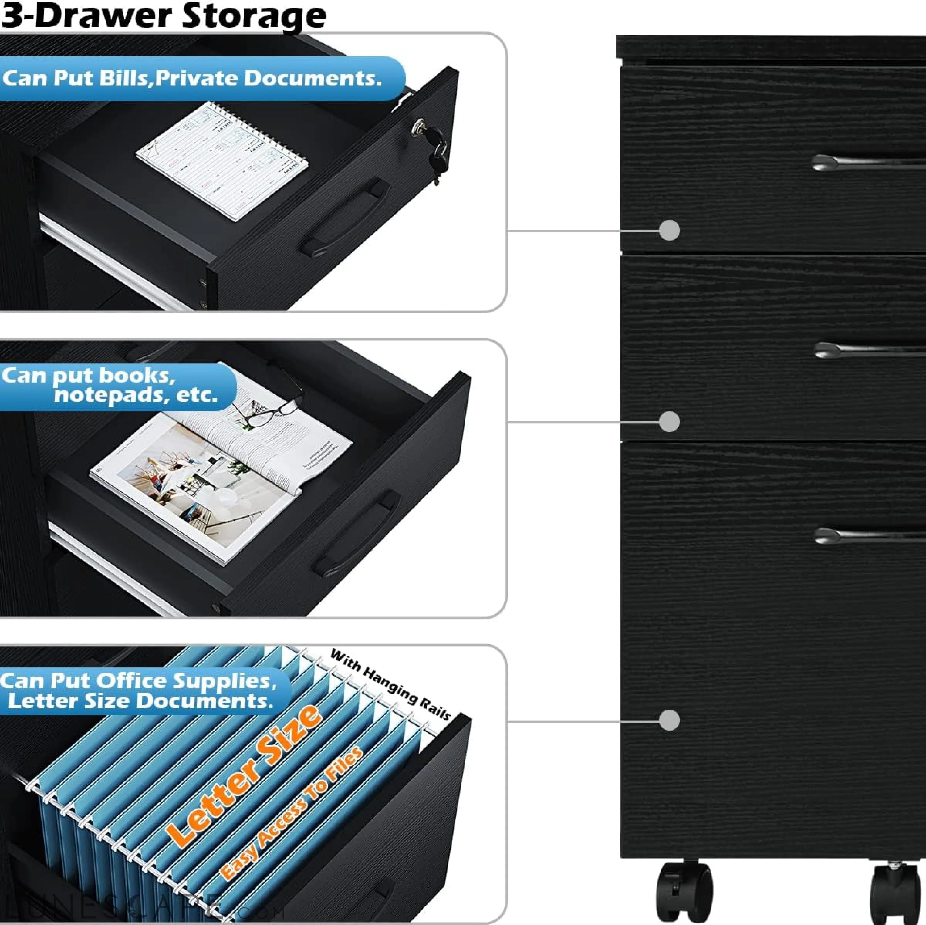 3 Drawer Wood Mobile File Cabinet, under Desk Storage Drawers Small LUNESCAPE