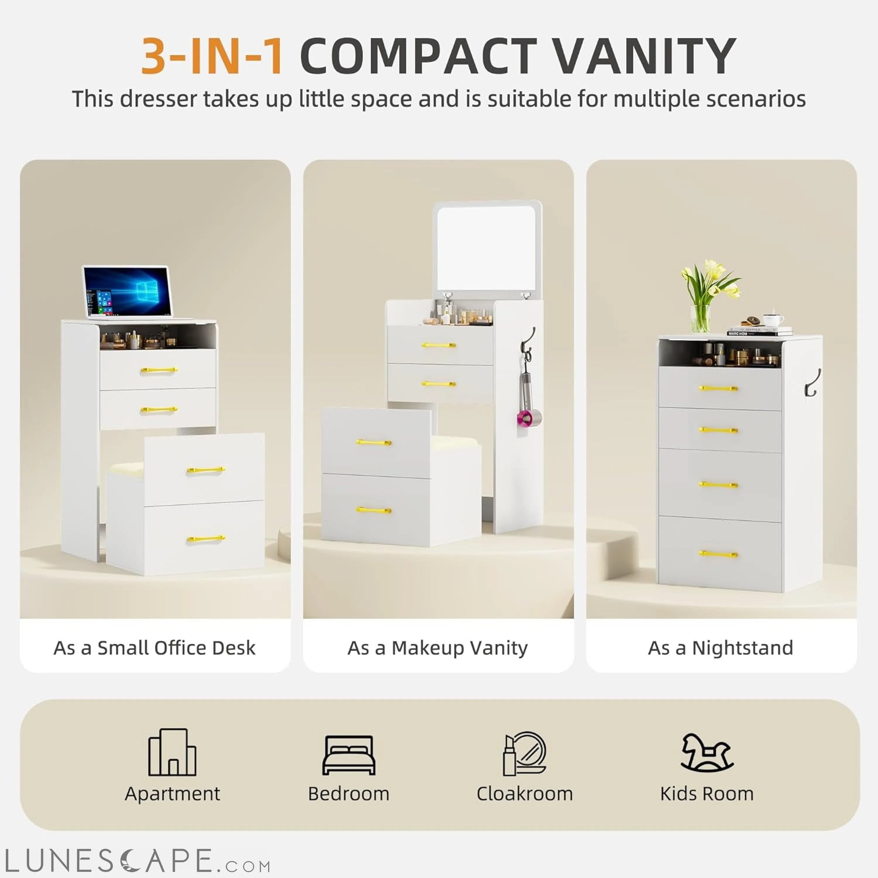 3 in 1 Vanity Desk with Plip Top Mirror,Small Make up Vanity Set with LUNESCAPE