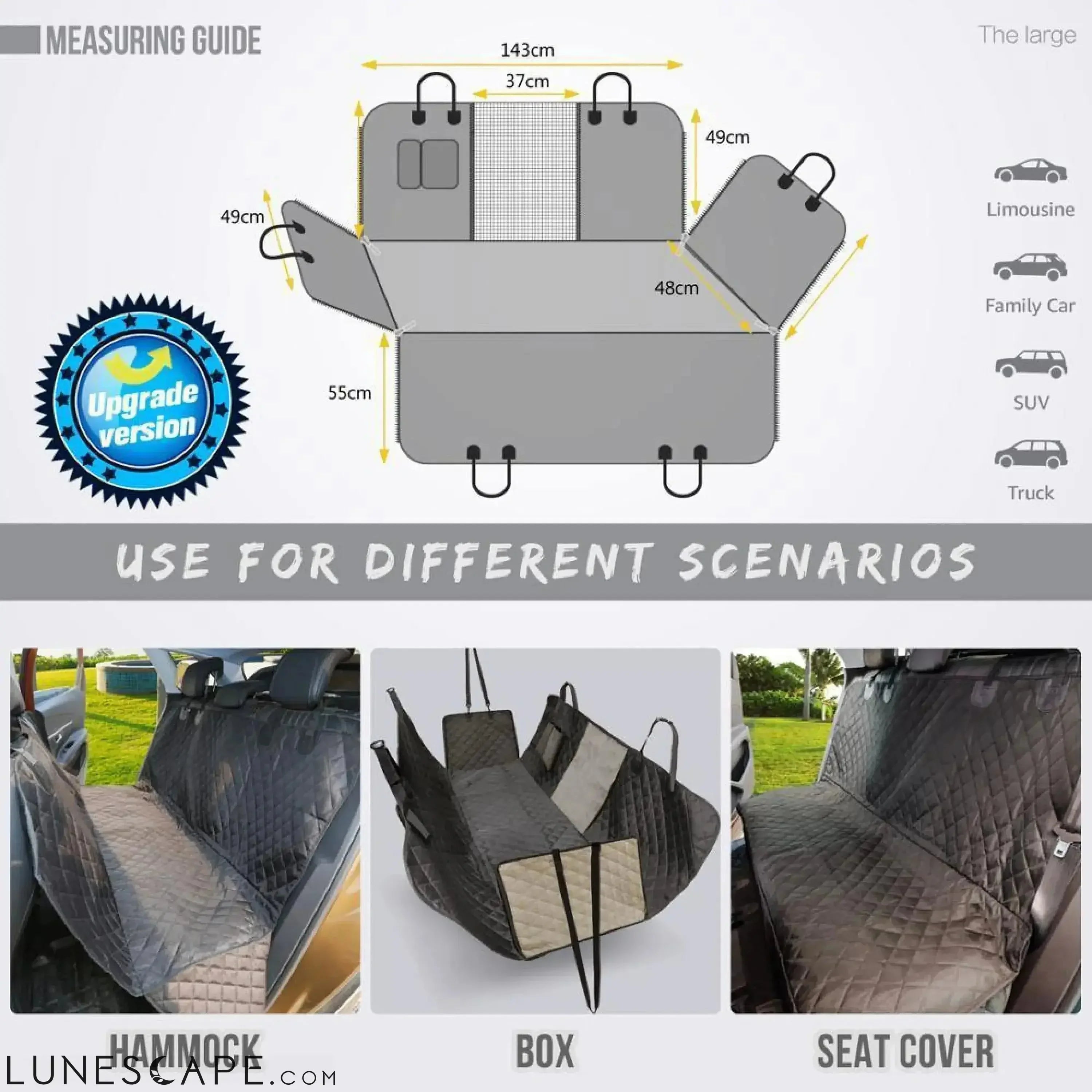 3-in-1 Waterproof Pet Carseat Cover, Hammock & Carry Case LUNESCAPE