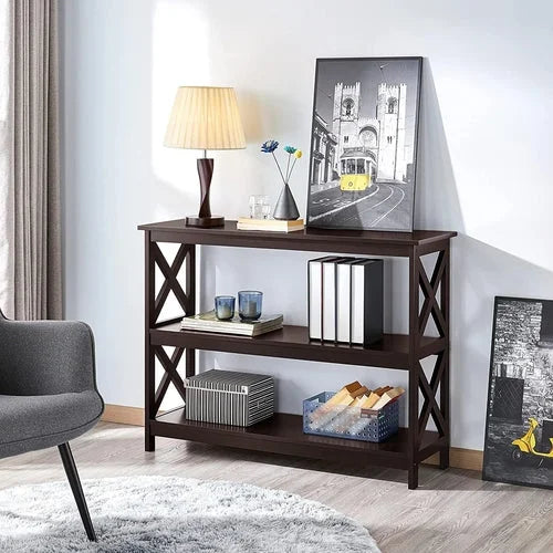 3-Tier Espresso Console Table with Storage Shelves LUNESCAPE