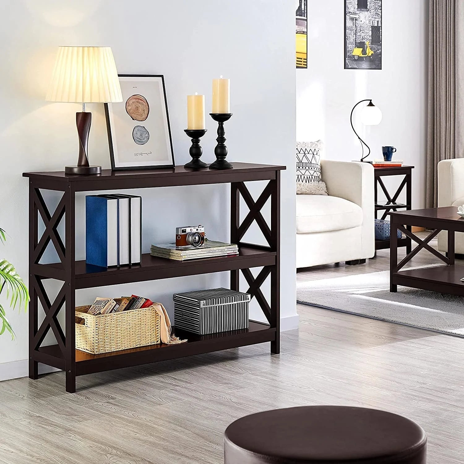3-Tier Espresso Console Table with Storage Shelves LUNESCAPE