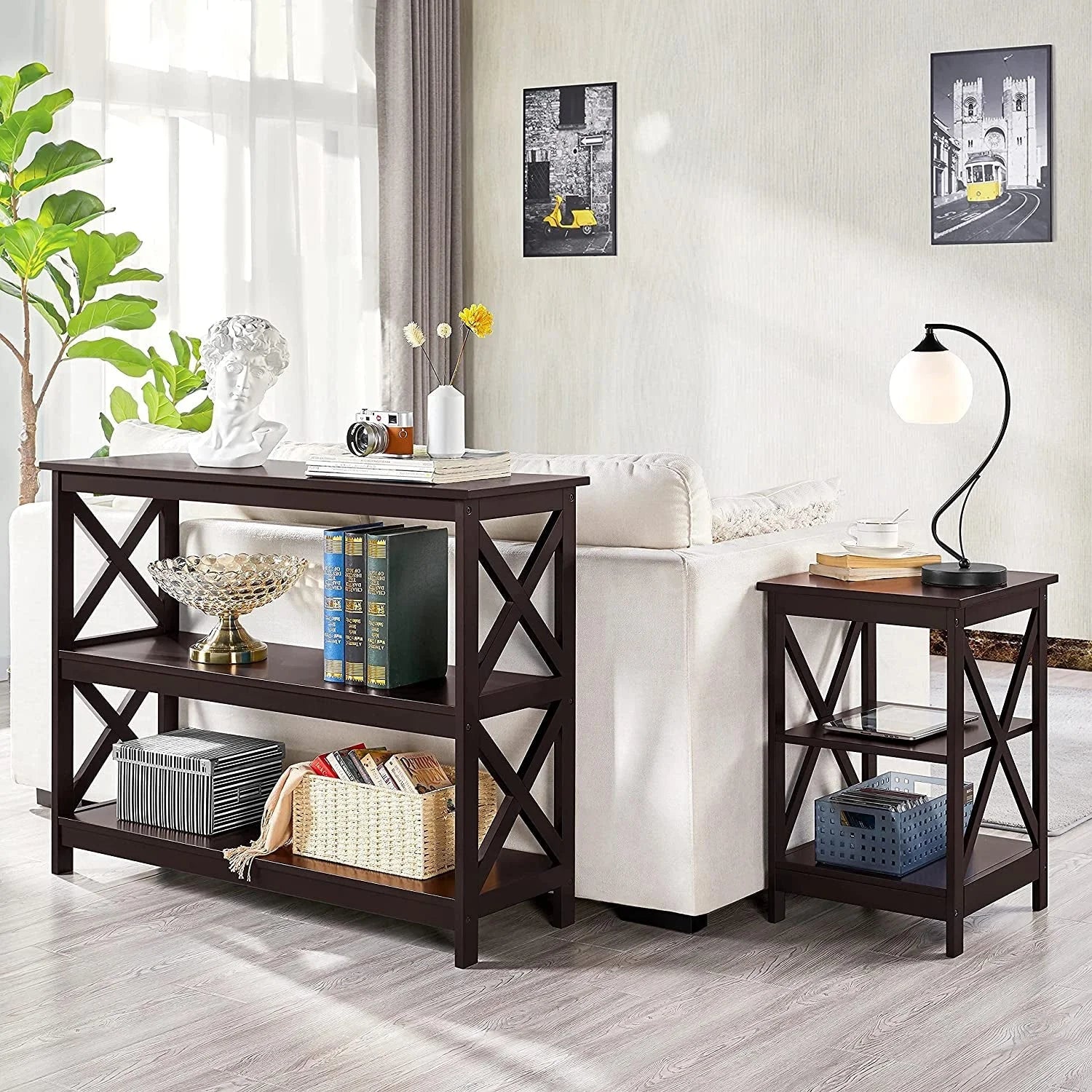 3-Tier Espresso Console Table with Storage Shelves LUNESCAPE