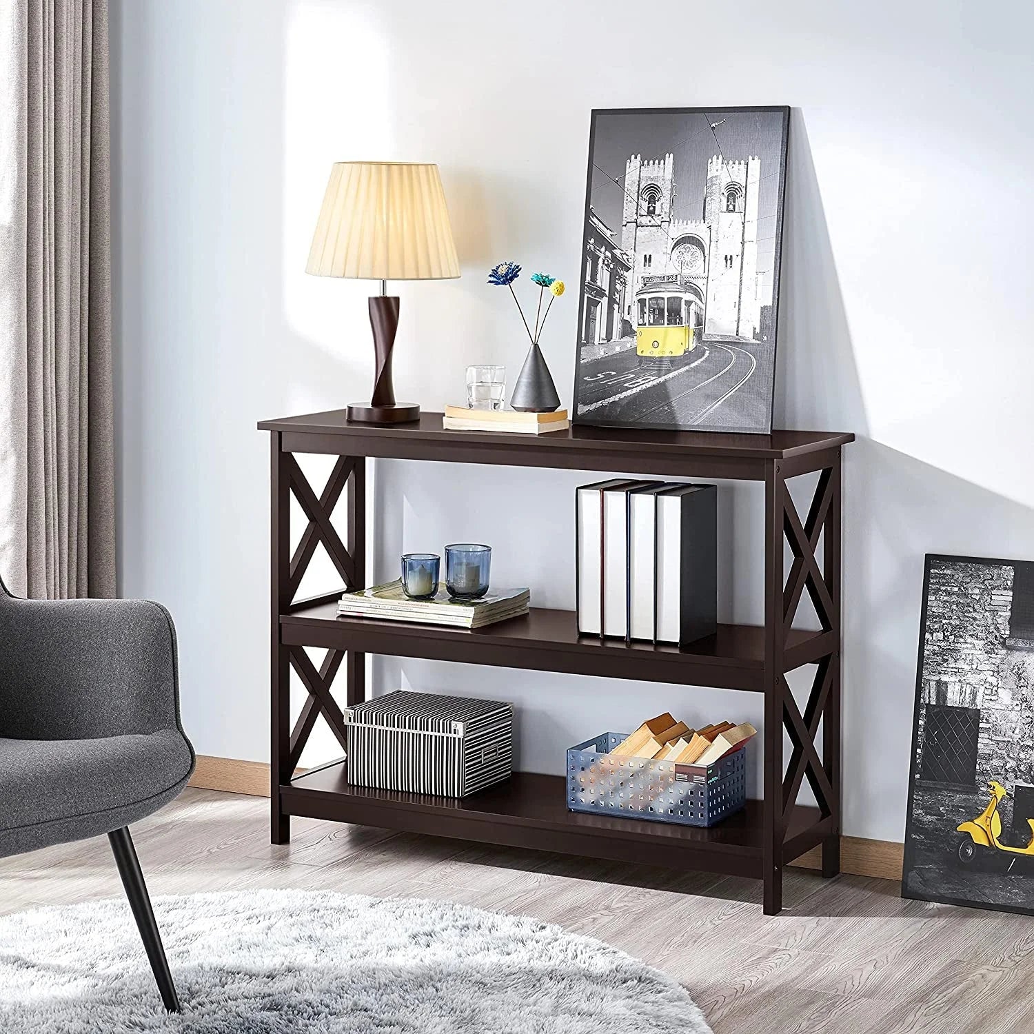 3-Tier Espresso Console Table with Storage Shelves LUNESCAPE