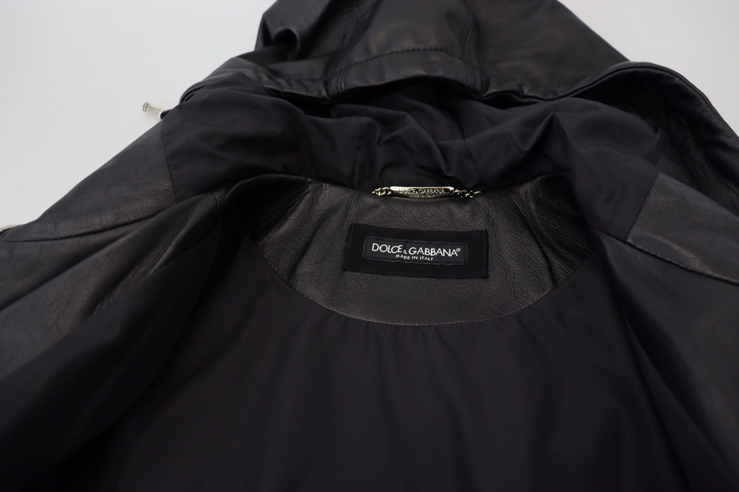 Dolce & Gabbana Black Leather Hooded Blouson Coat Jacket