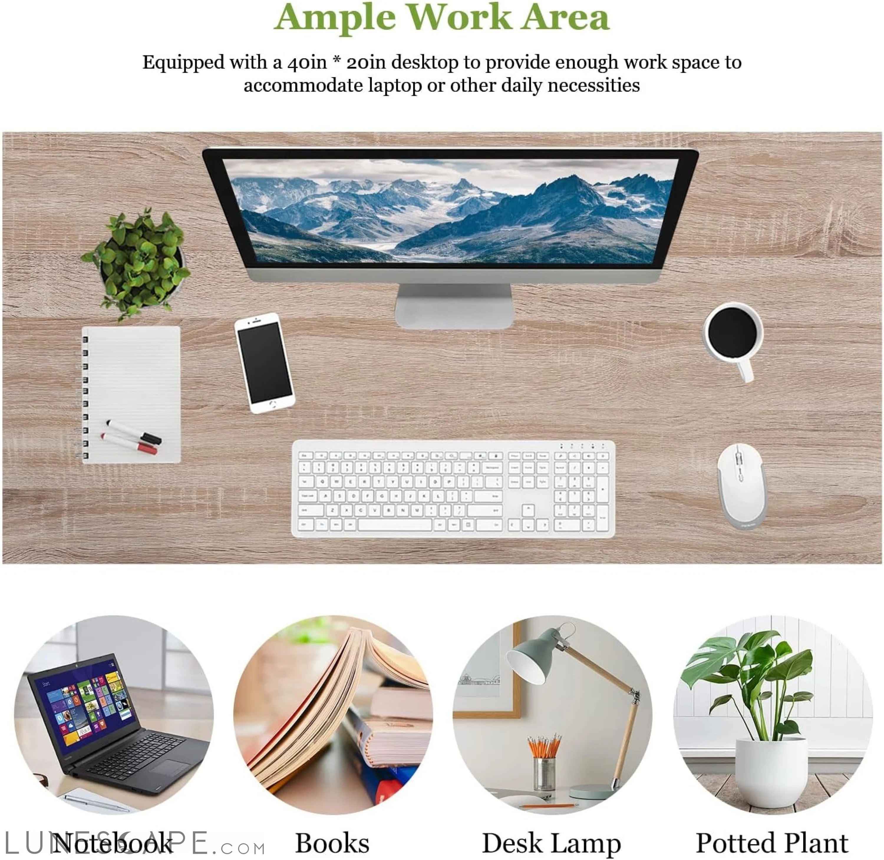 32/39/47 Inch Computer Desk Study Writing Table, Adjustable Feet, LUNESCAPE