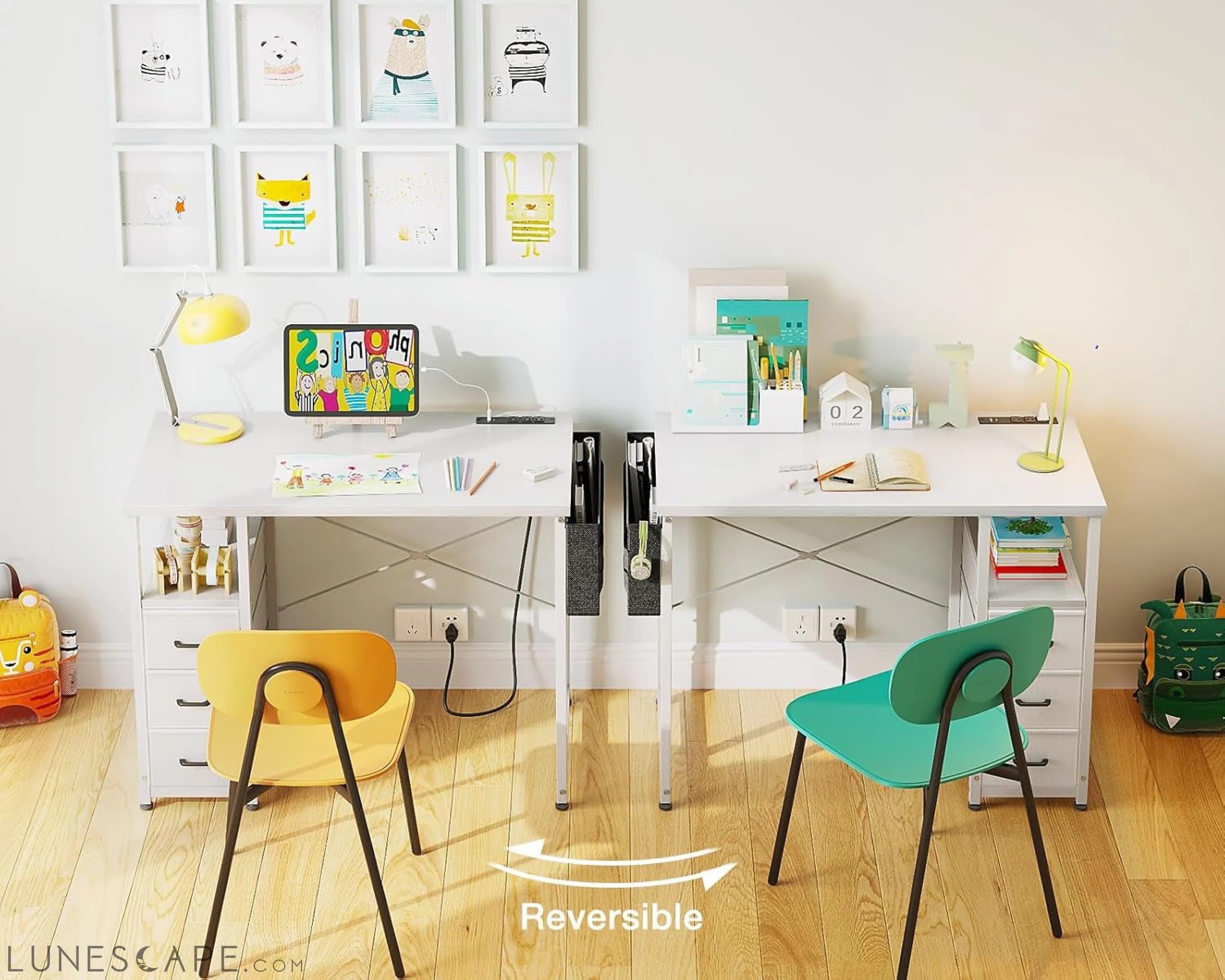 32-Inch Small Vanity Desk with Fabric Drawers and Charging Station, LUNESCAPE