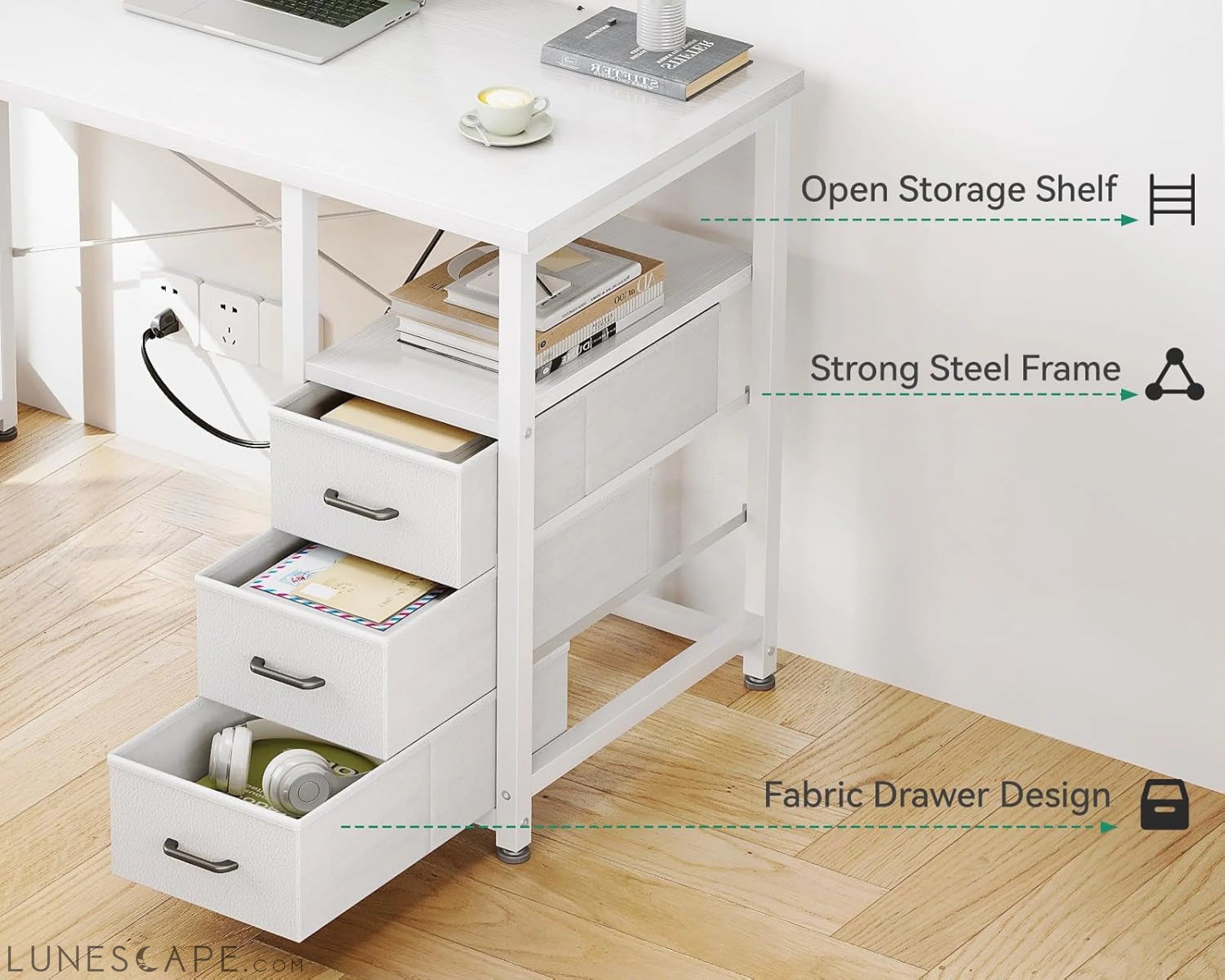32-Inch Small Vanity Desk with Fabric Drawers and Charging Station, LUNESCAPE