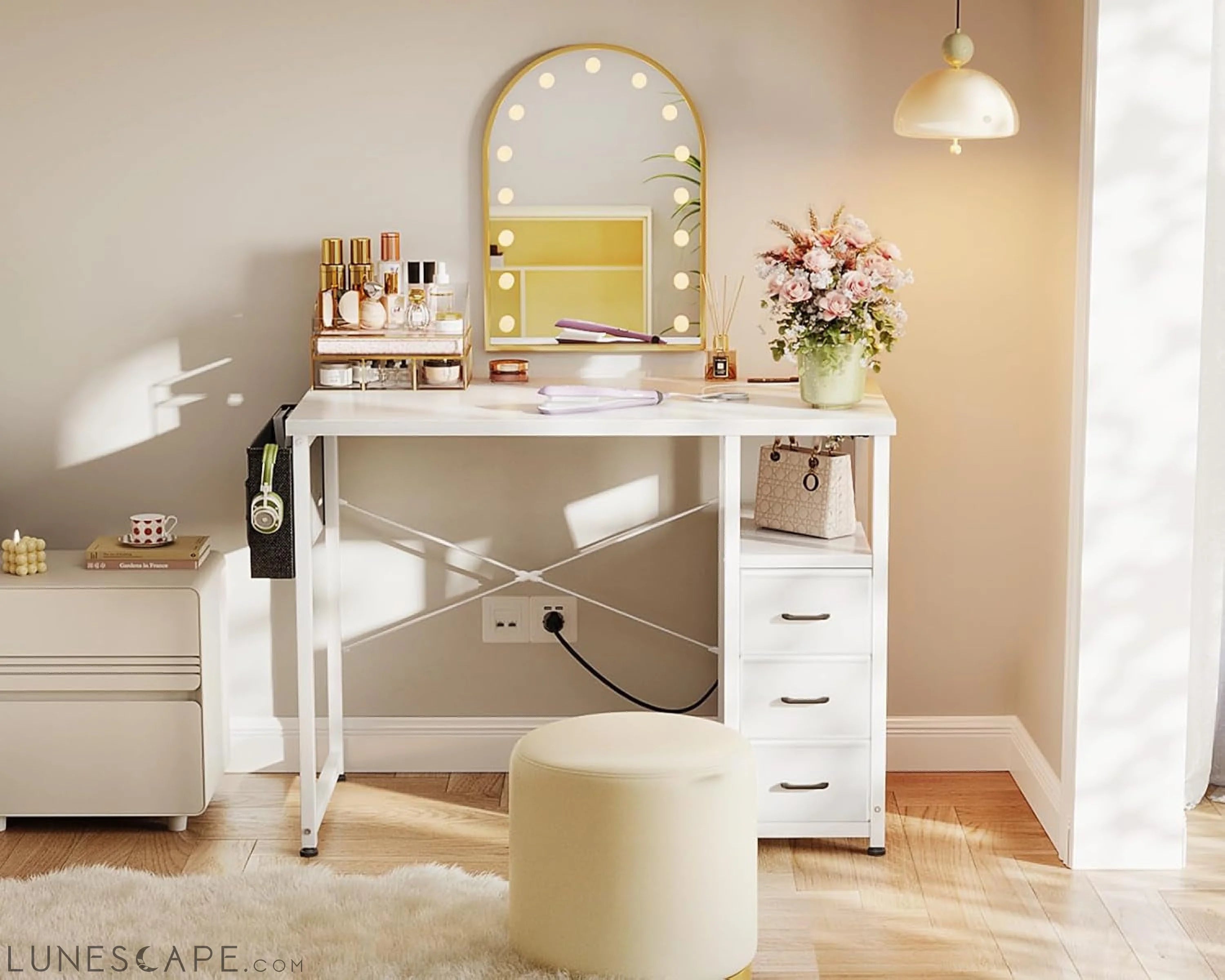 32-Inch Small Vanity Desk with Fabric Drawers and Charging Station, LUNESCAPE