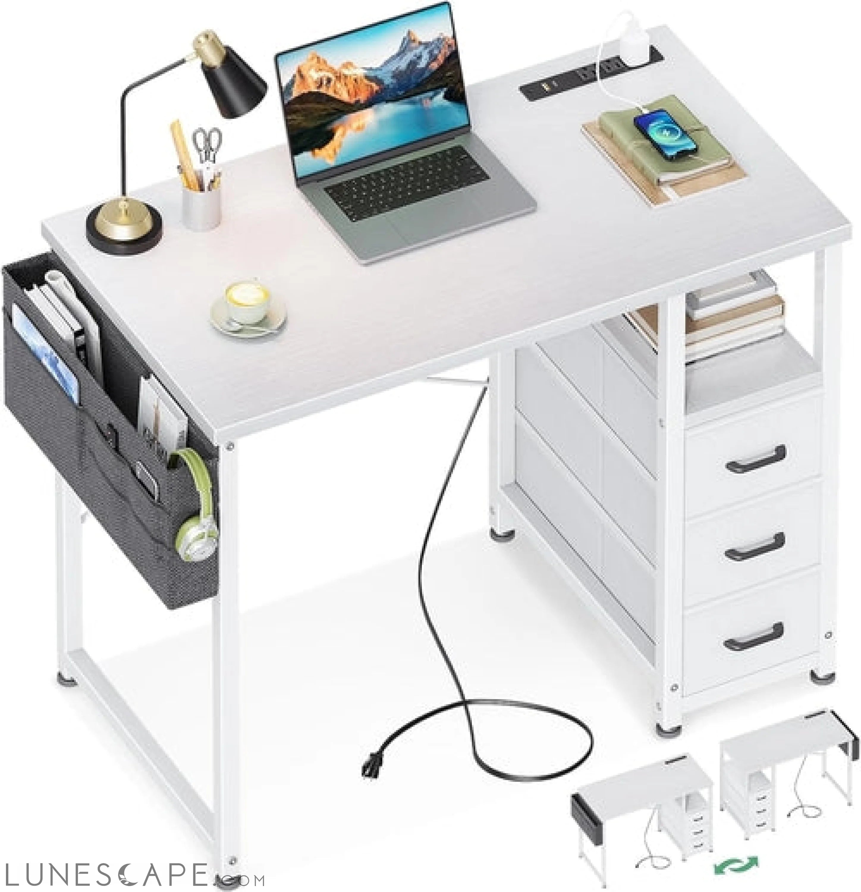 32-Inch Small Vanity Desk with Fabric Drawers and Charging Station, LUNESCAPE