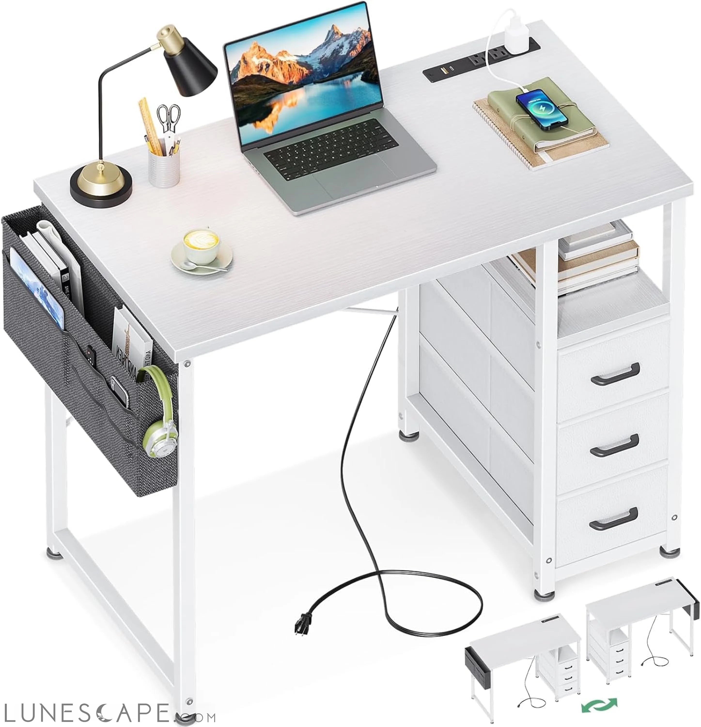 32-Inch Small Vanity Desk with Fabric Drawers and Charging Station, LUNESCAPE