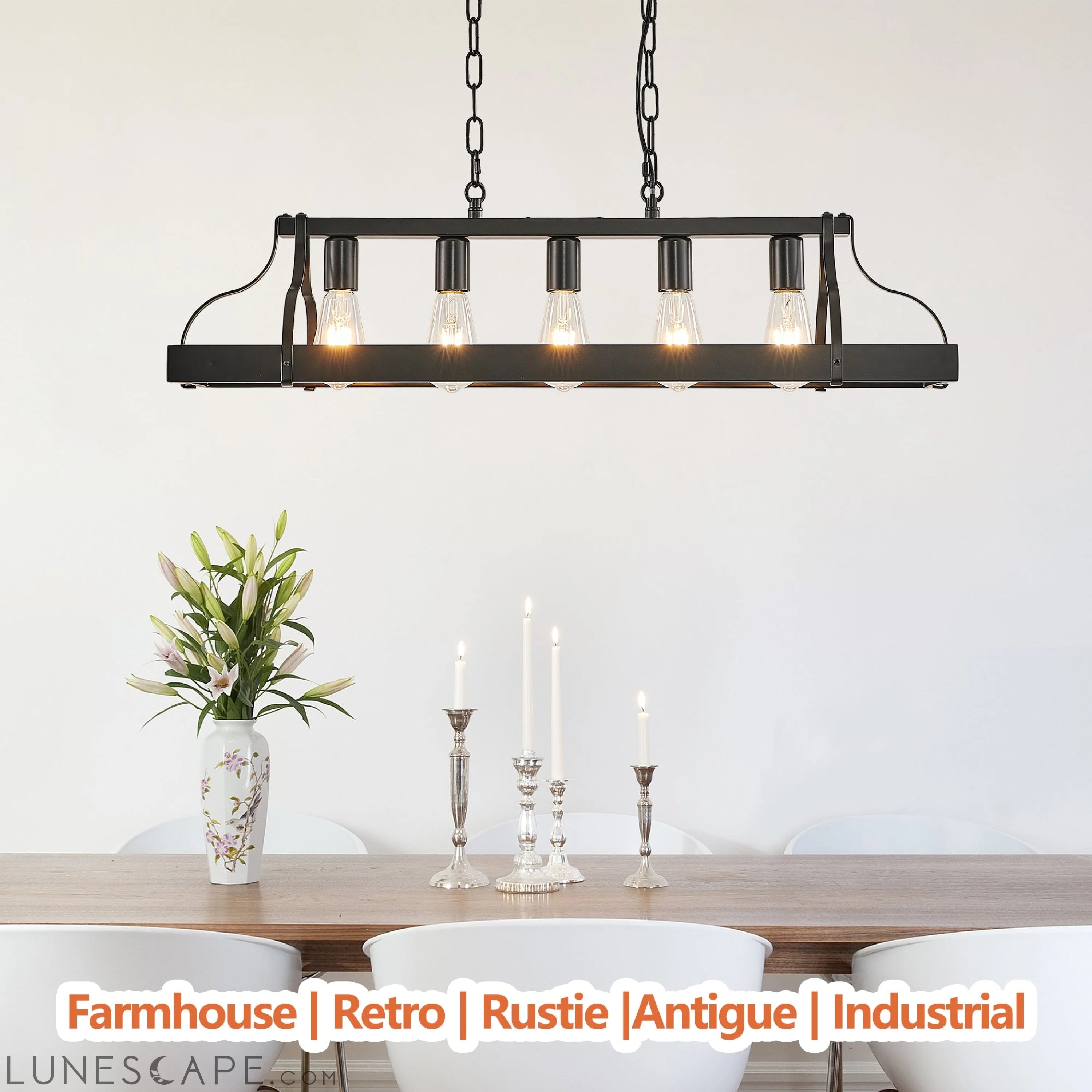 33.7-Inch Black Industrial Pendant Light with 5 E26 Bulb Sockets LUNESCAPE
