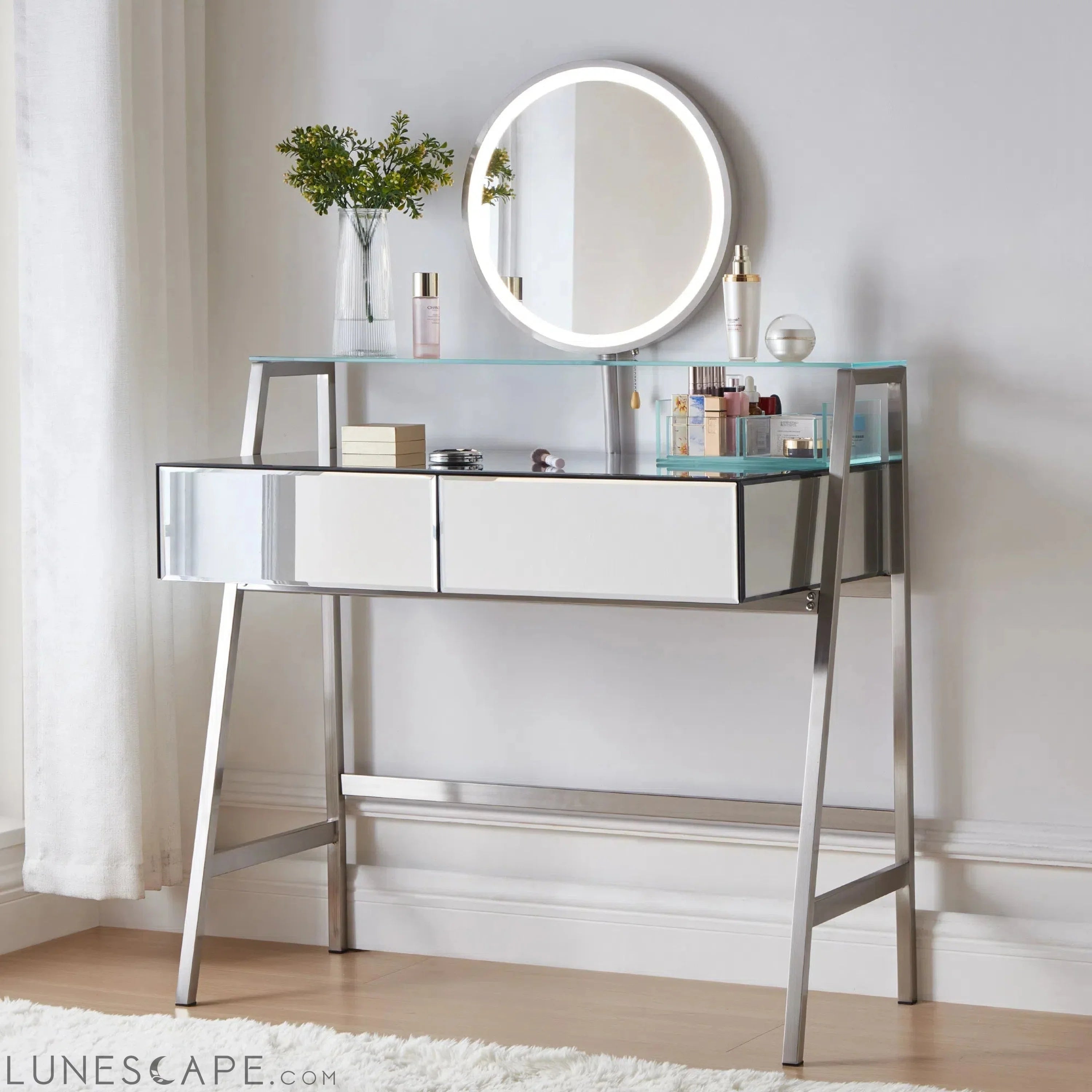33.9" Mirrored Makeup Vanity Desk with Mirror and Lights, Mirrored LUNESCAPE