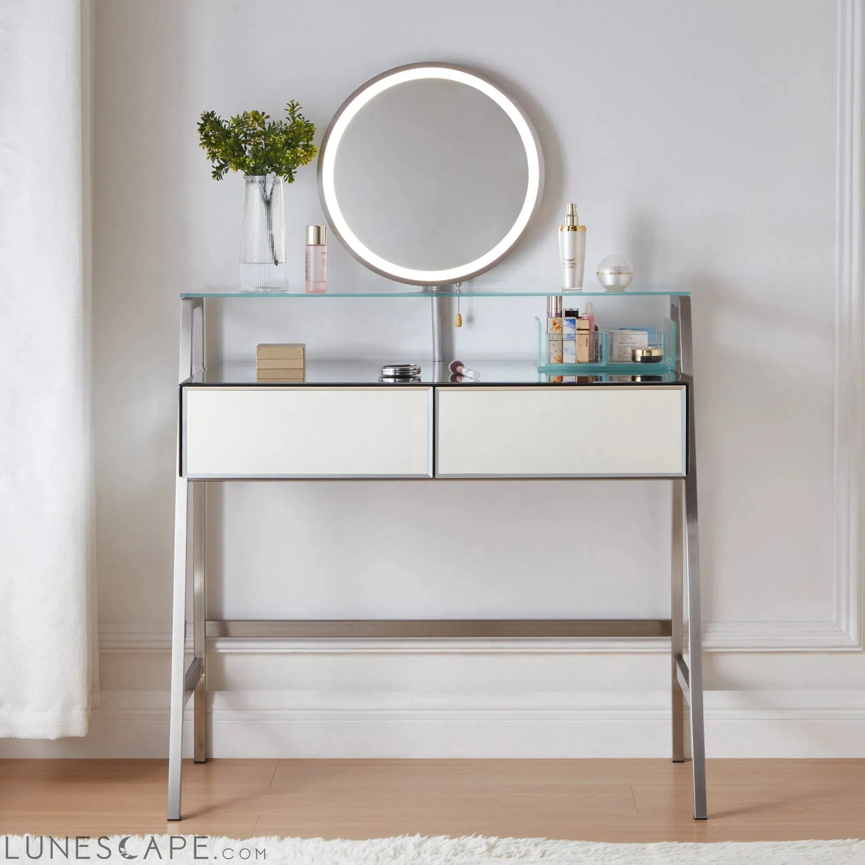 33.9" Mirrored Makeup Vanity Desk with Mirror and Lights, Mirrored LUNESCAPE