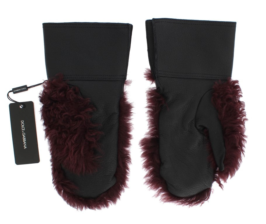 Dolce & Gabbana Black Leather Bordeaux Shearling Gloves LUNESCAPE