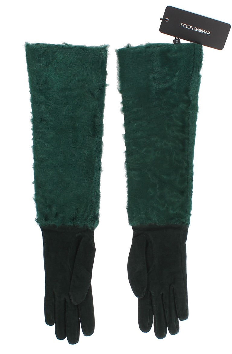 Dolce & Gabbana Green Leather Xiangao Fur Elbow Gloves LUNESCAPE
