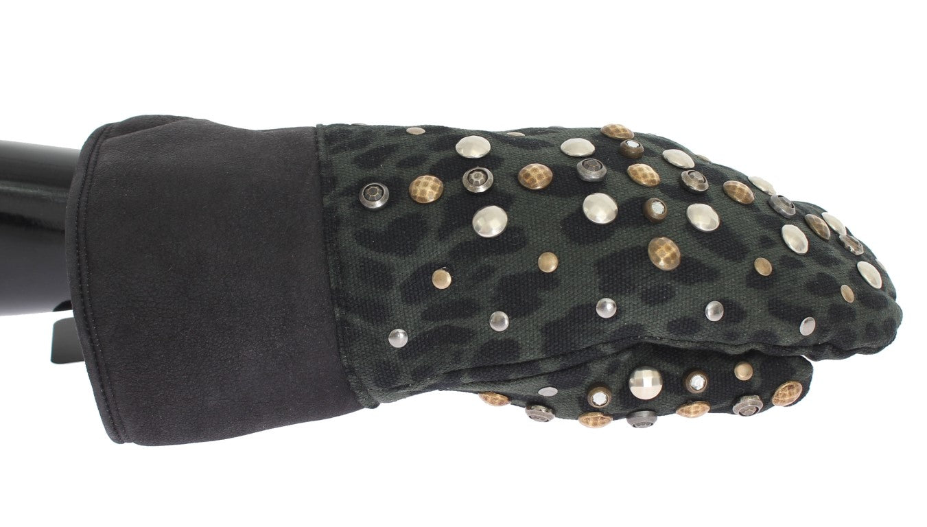 Dolce & Gabbana Gray Wool Shearling Studded Green Leopard Gloves LUNESCAPE