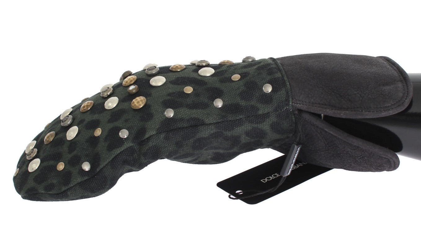 Dolce & Gabbana Gray Wool Shearling Studded Green Leopard Gloves LUNESCAPE