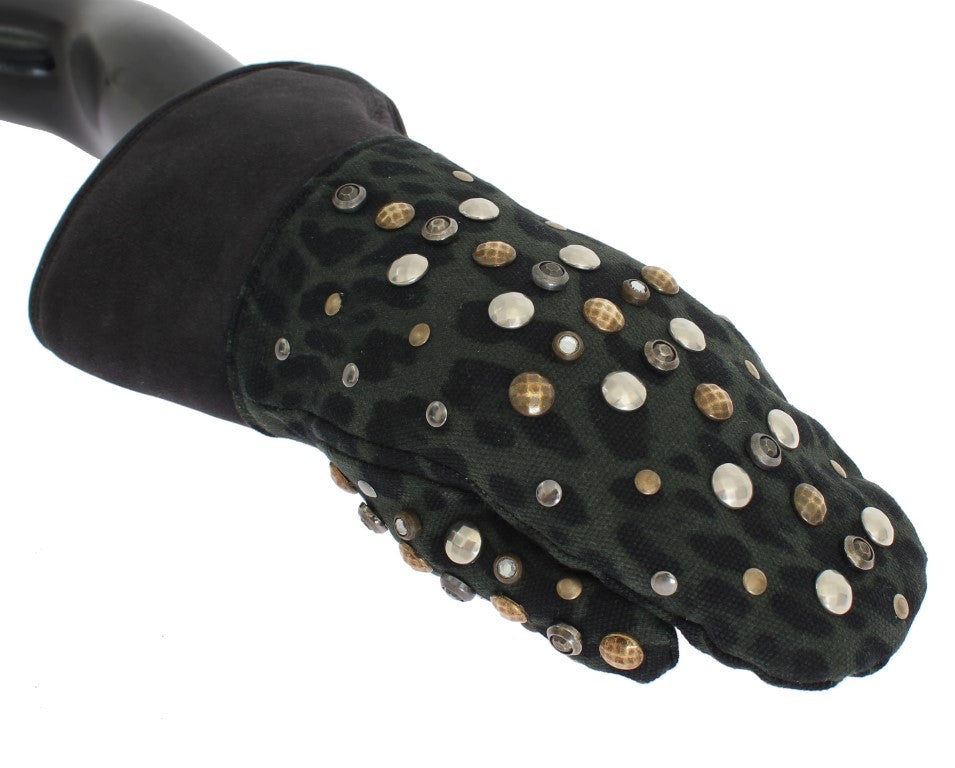 Dolce & Gabbana Gray Wool Shearling Studded Green Leopard Gloves LUNESCAPE