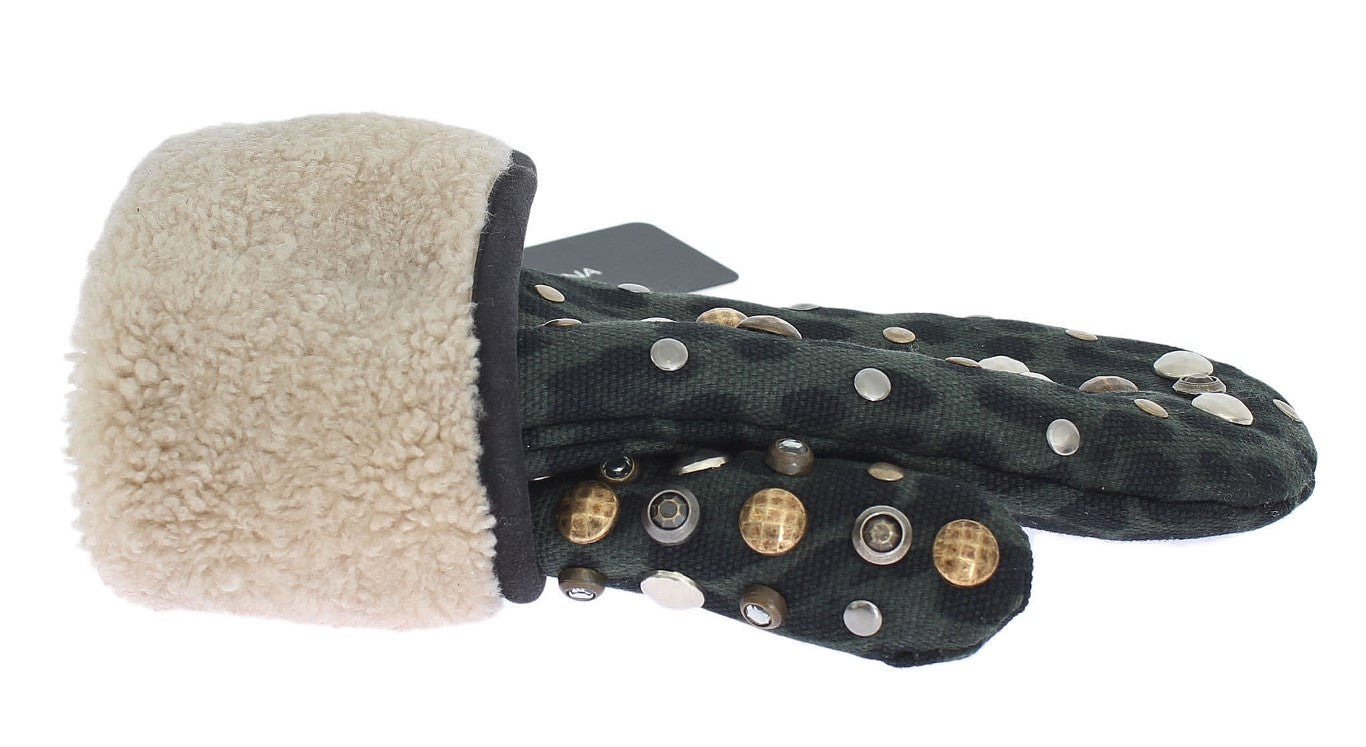 Dolce & Gabbana Gray Wool Shearling Studded Green Leopard Gloves LUNESCAPE